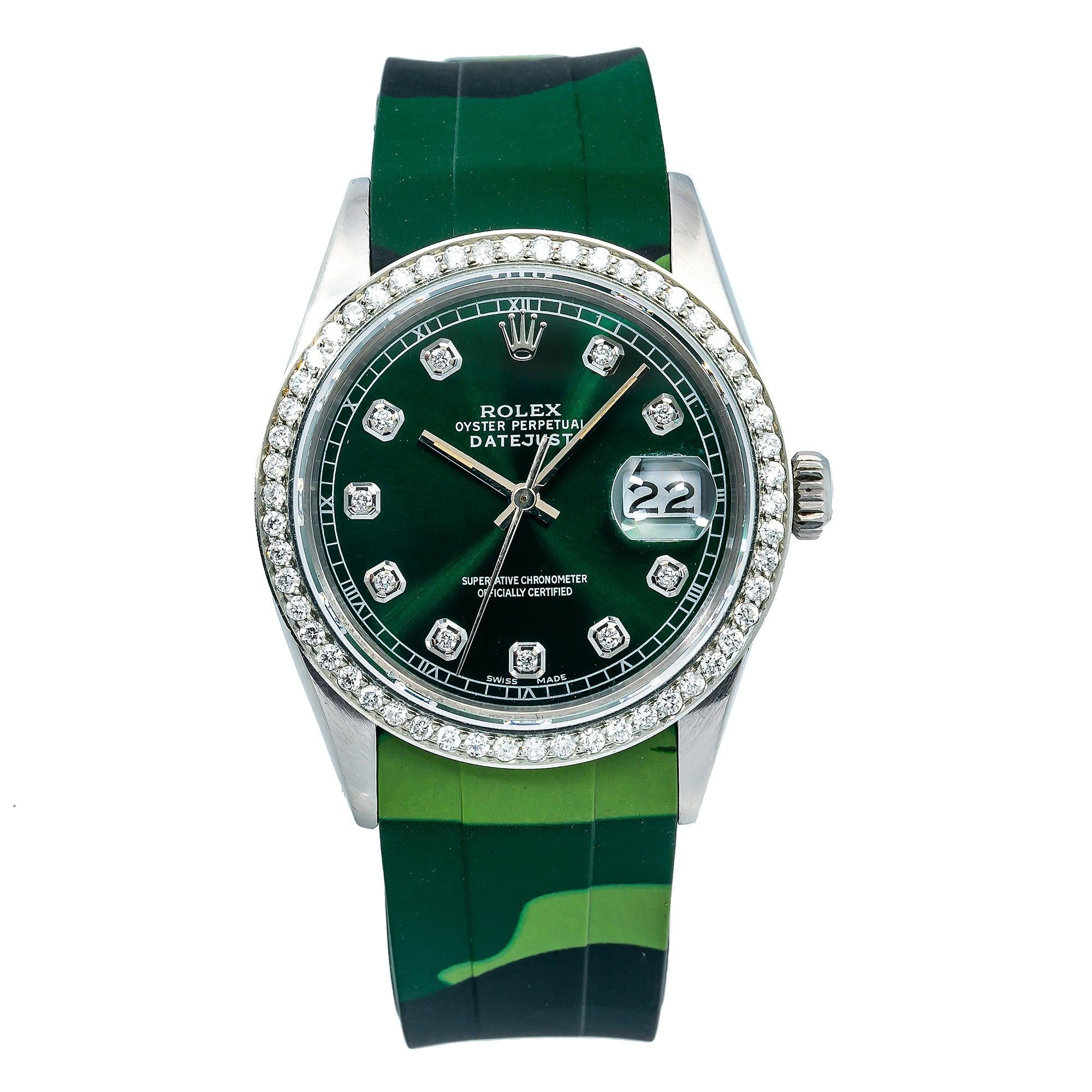 Rolex Datejust 36MM 16014 Green Diamond Dial Diamond Bezel Green Camo Rubber Strap