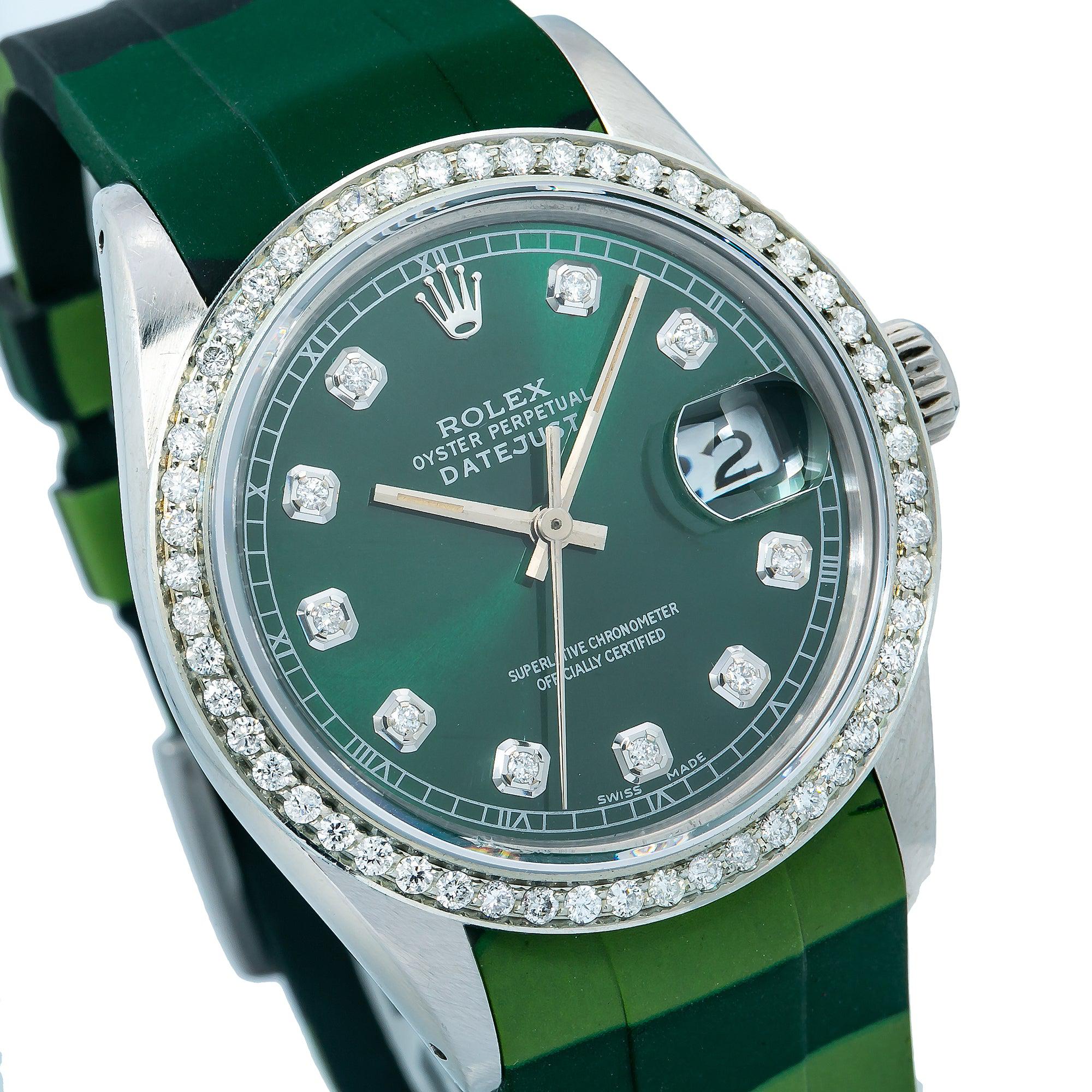 Rolex Datejust 36MM 16014 Green Diamond Dial Diamond Bezel Green Camo Rubber Strap