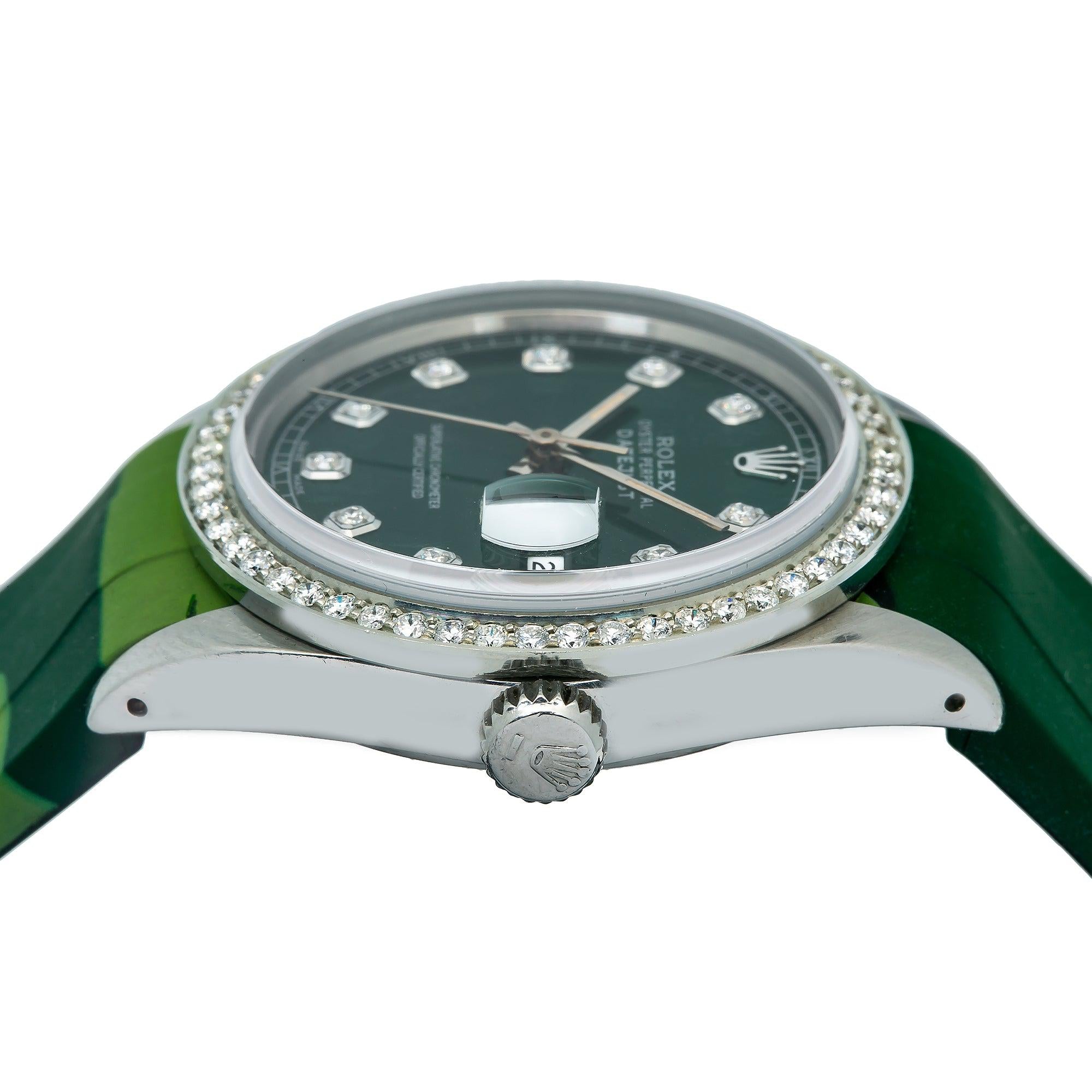 Rolex Datejust 36MM 16014 Green Diamond Dial Diamond Bezel Green Camo Rubber Strap