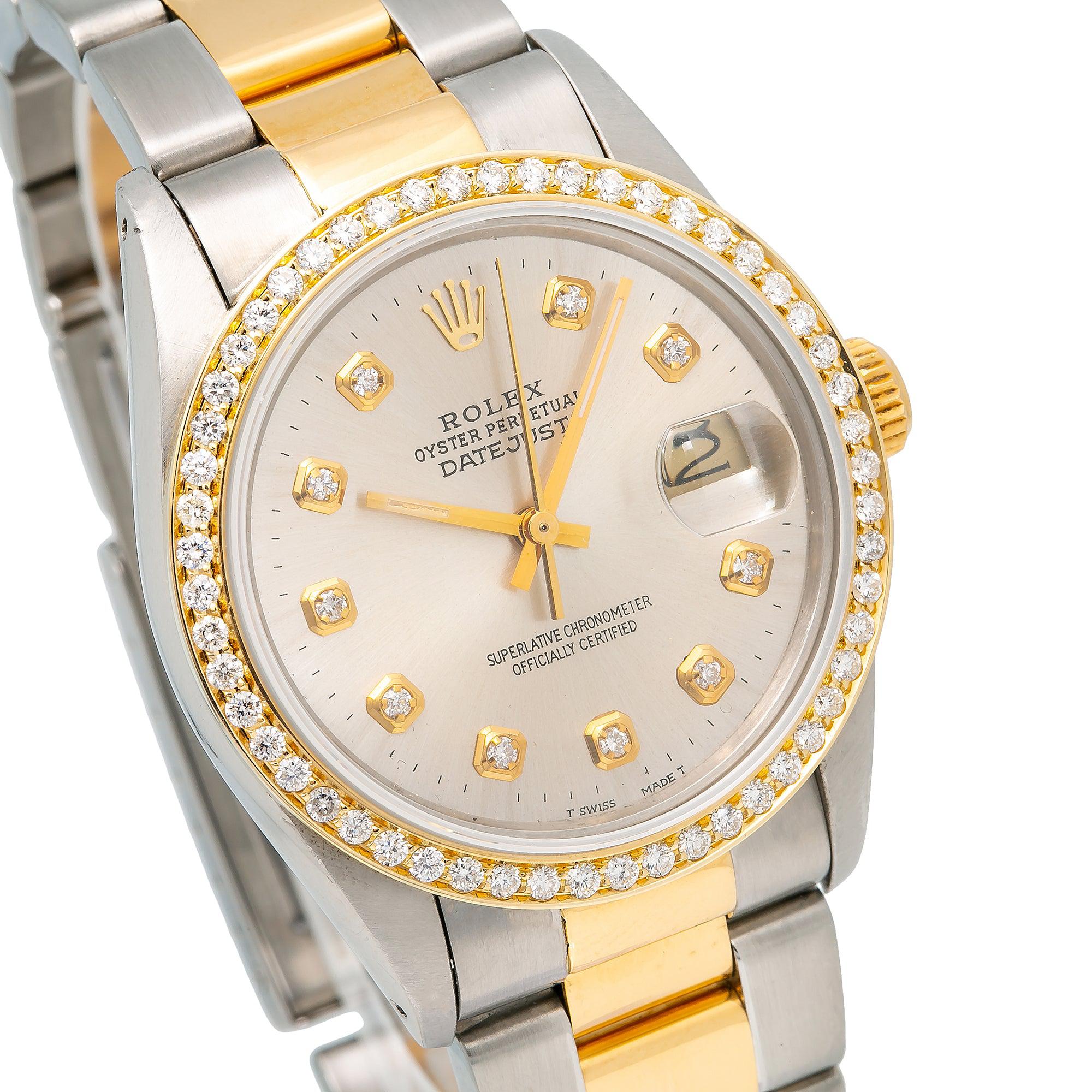 Rolex Datejust 36MM 16233 Silver Diamond Dial Diamond Bezel Two Tone Yellow Gold Oyster Bracelet