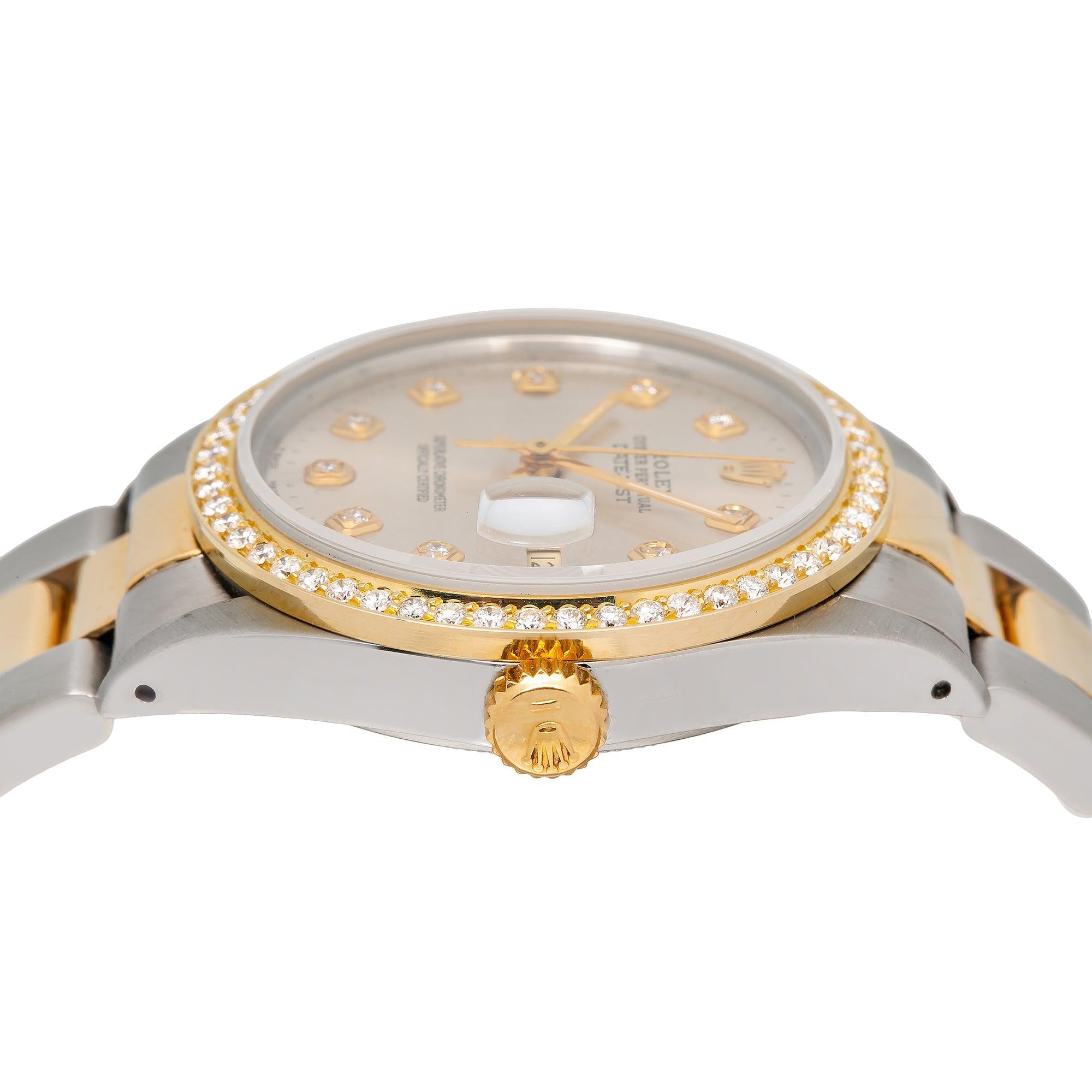 Rolex Datejust 36MM 16233 Silver Diamond Dial Diamond Bezel Two Tone Yellow Gold Oyster Bracelet