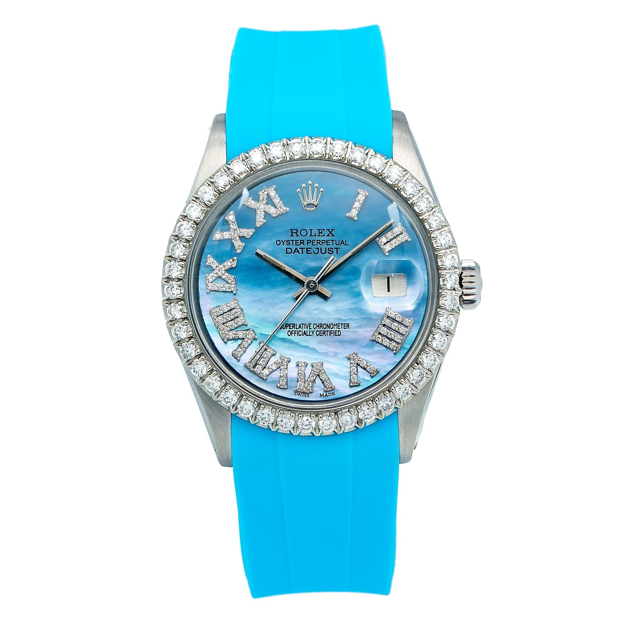 Rolex Datejust 36MM 16014 Blue Mother of Pearl Roman Dial Diamond Bezel Blue Rubber Strap