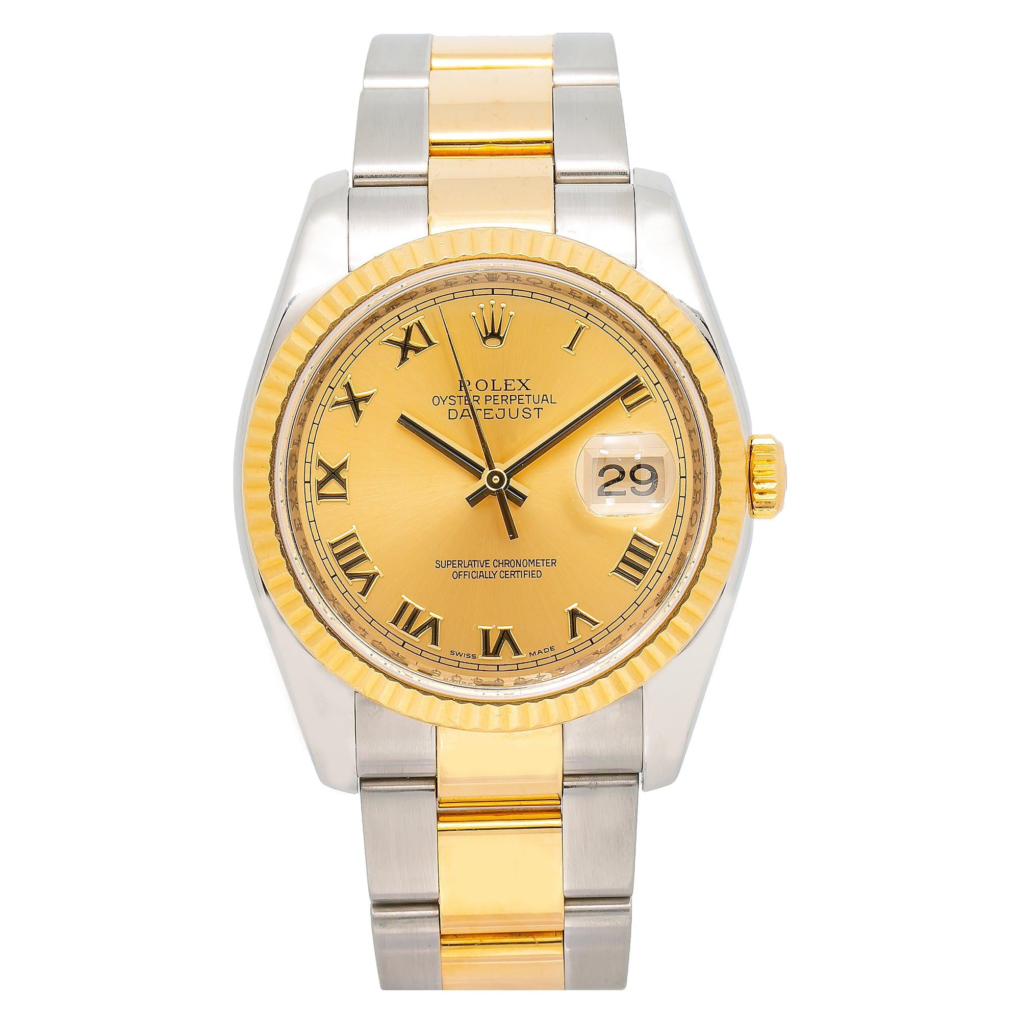 Rolex Datejust 36MM 126233 Champagne Roman Dial Yellow Gold Fluted Bezel Two Tone Oyster Bracelet