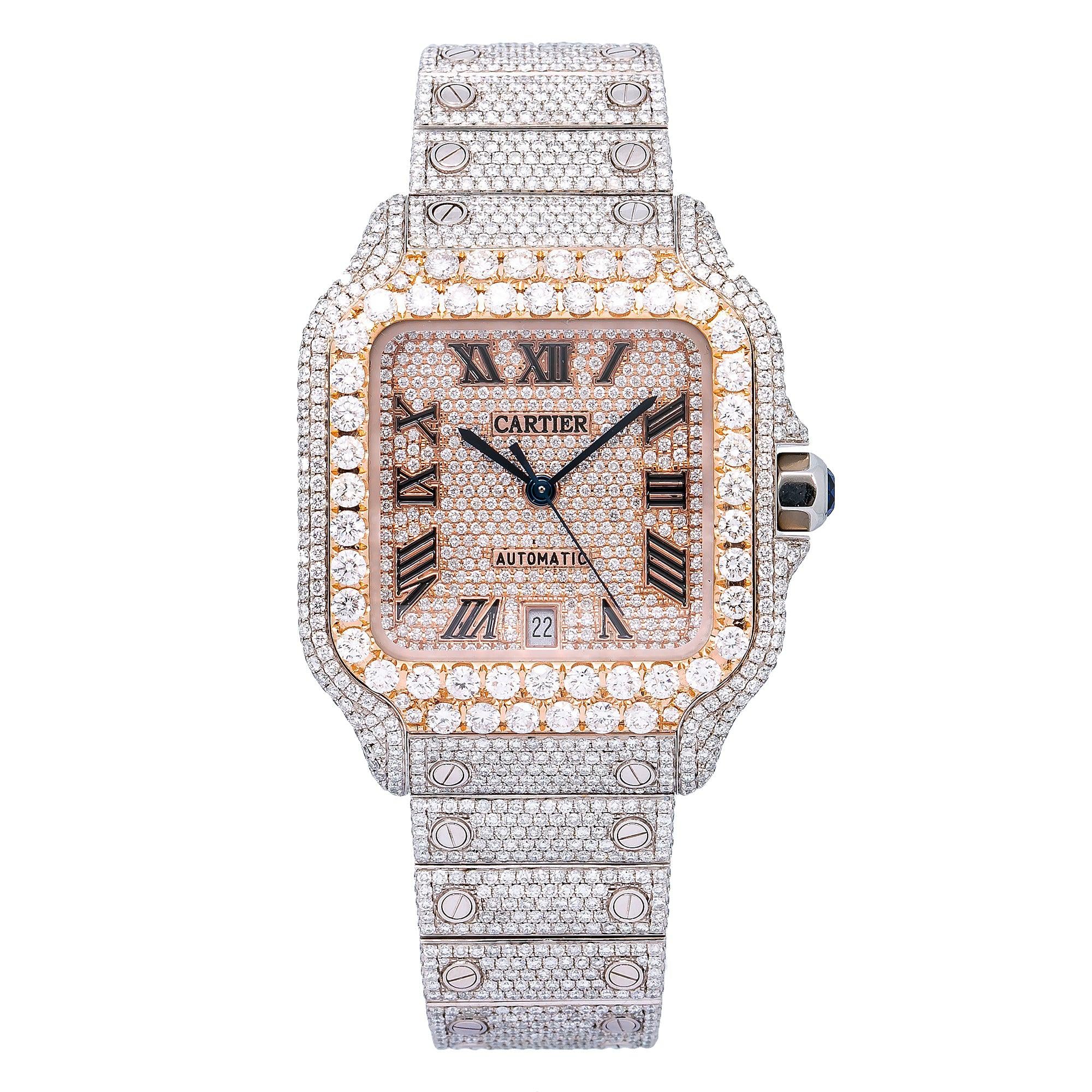 Cartier Santos 39.8MM WSSA0018 Diamond Paved Rose Gold Roman Dial Rose Gold Diamond Bezel Stainless Steel Full Diamond Bracelet