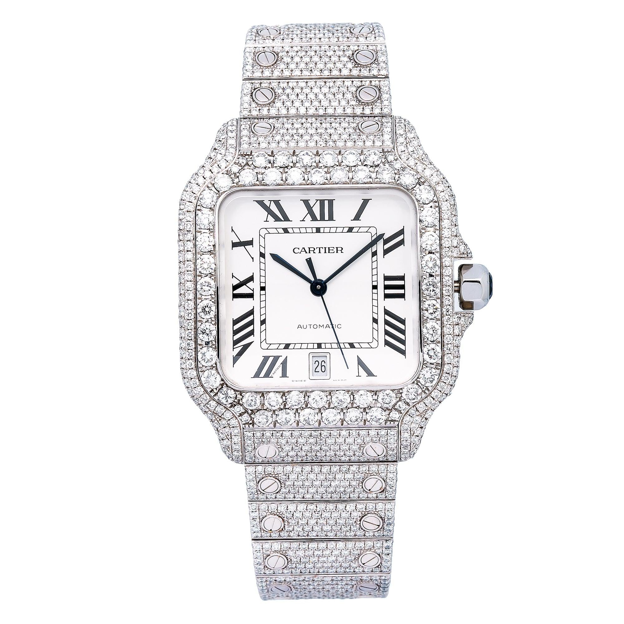Cartier Santos 39.8MM WSSA0009 Silver Roman Dial Diamond Bezel Stainless Steel Full Diamond Bracelet 17.96ct