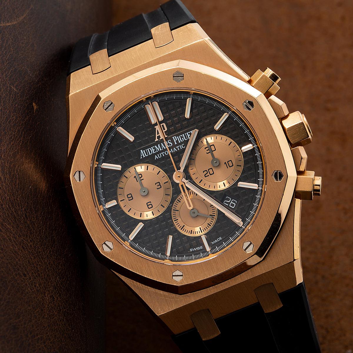 Audemars Piguet Royal Oak Chronograph 41MM 26331OR.OO.D821CR.01 Black Dial Rose Gold Bezel Black Rubber Band