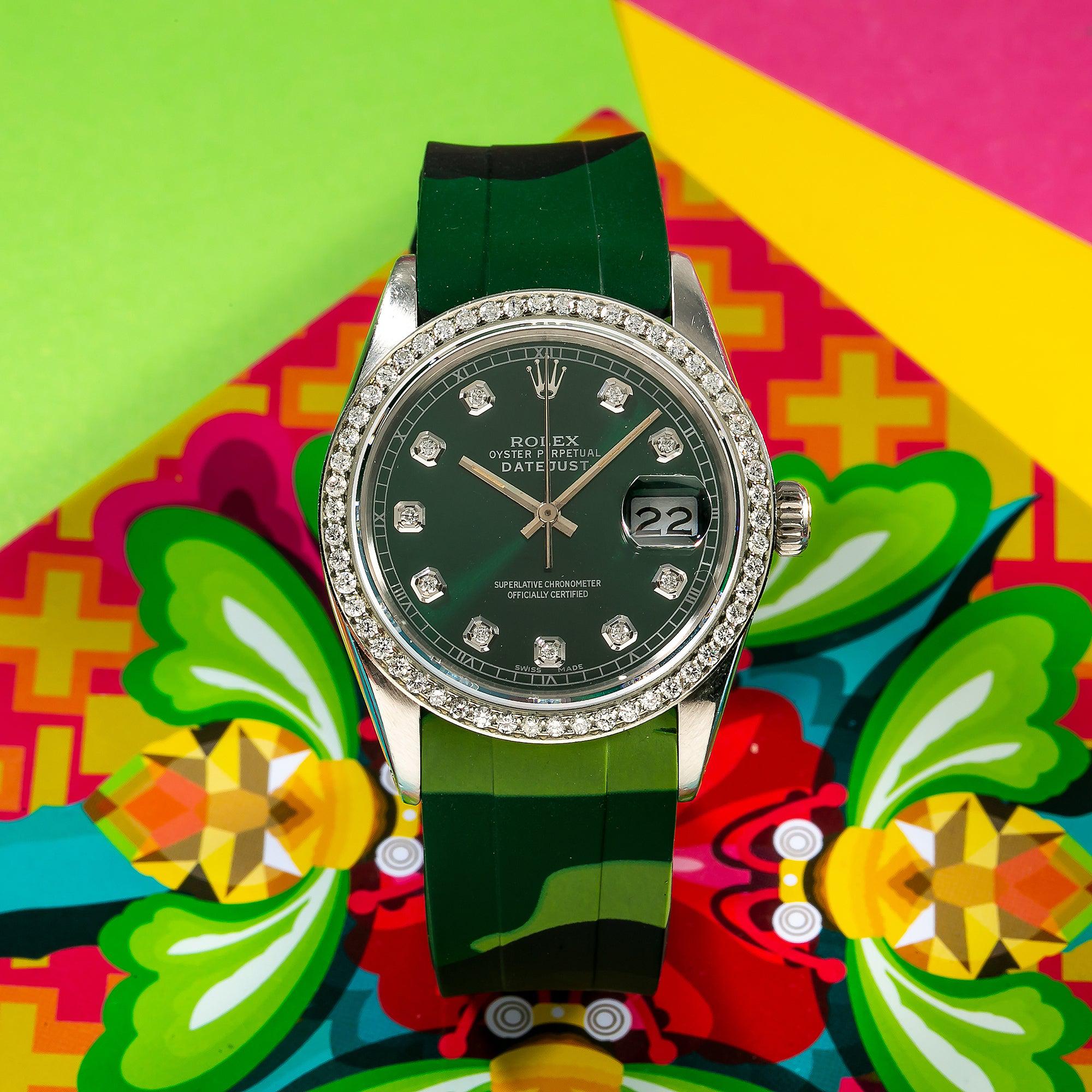 Rolex Datejust 36MM 16014 Green Diamond Dial Diamond Bezel Green Camo Rubber Strap