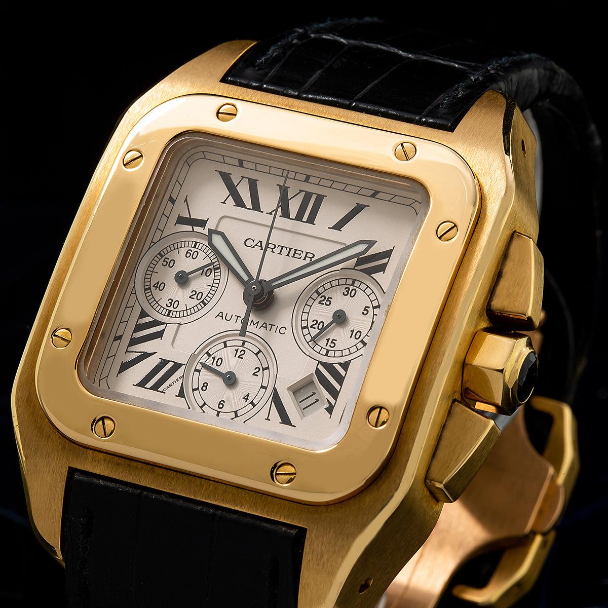Cartier Santos 100 Chronograph 43MM W20096Y1 Silver Roman Dial Yellow Gold Bezel Black Leather Strap