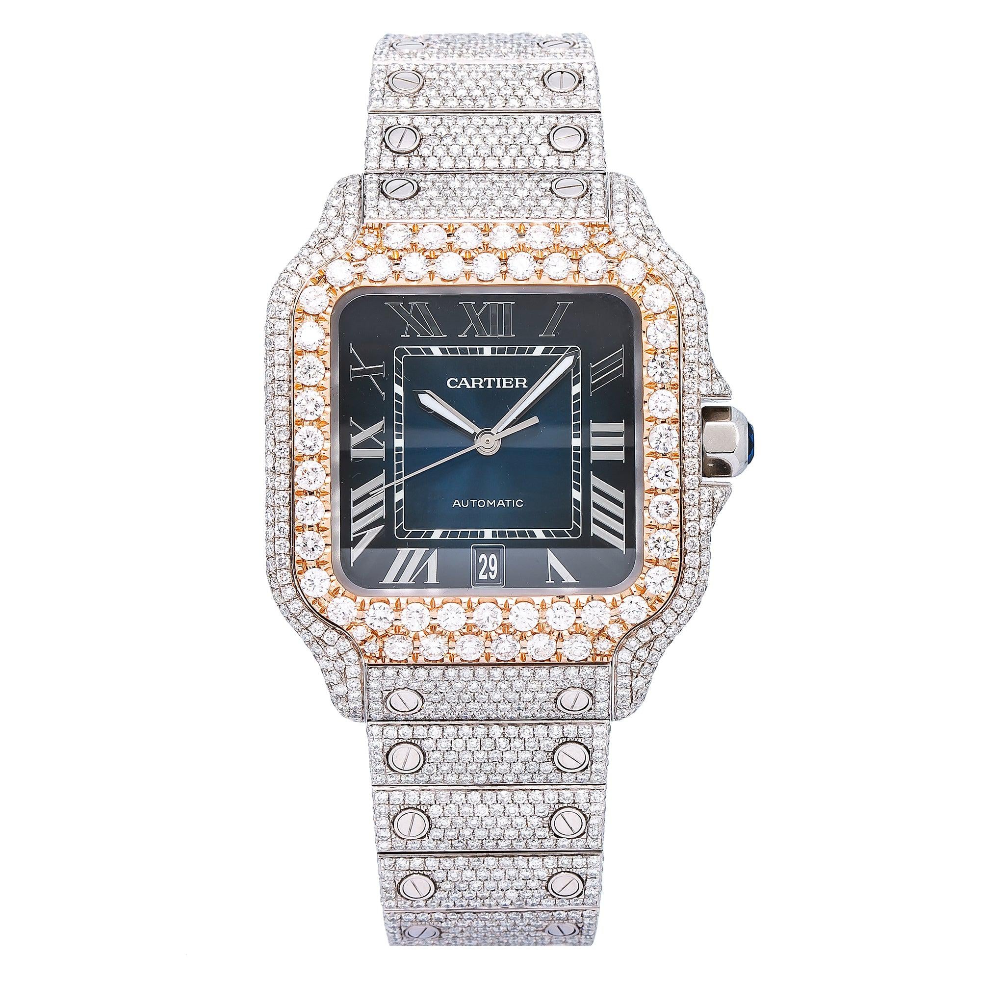 Cartier Santos 39.8MM WSSA0030 Blue Roman Dial Rose Gold Diamond Bezel Stainless Steel Full Diamond Bracelet 17.95ct