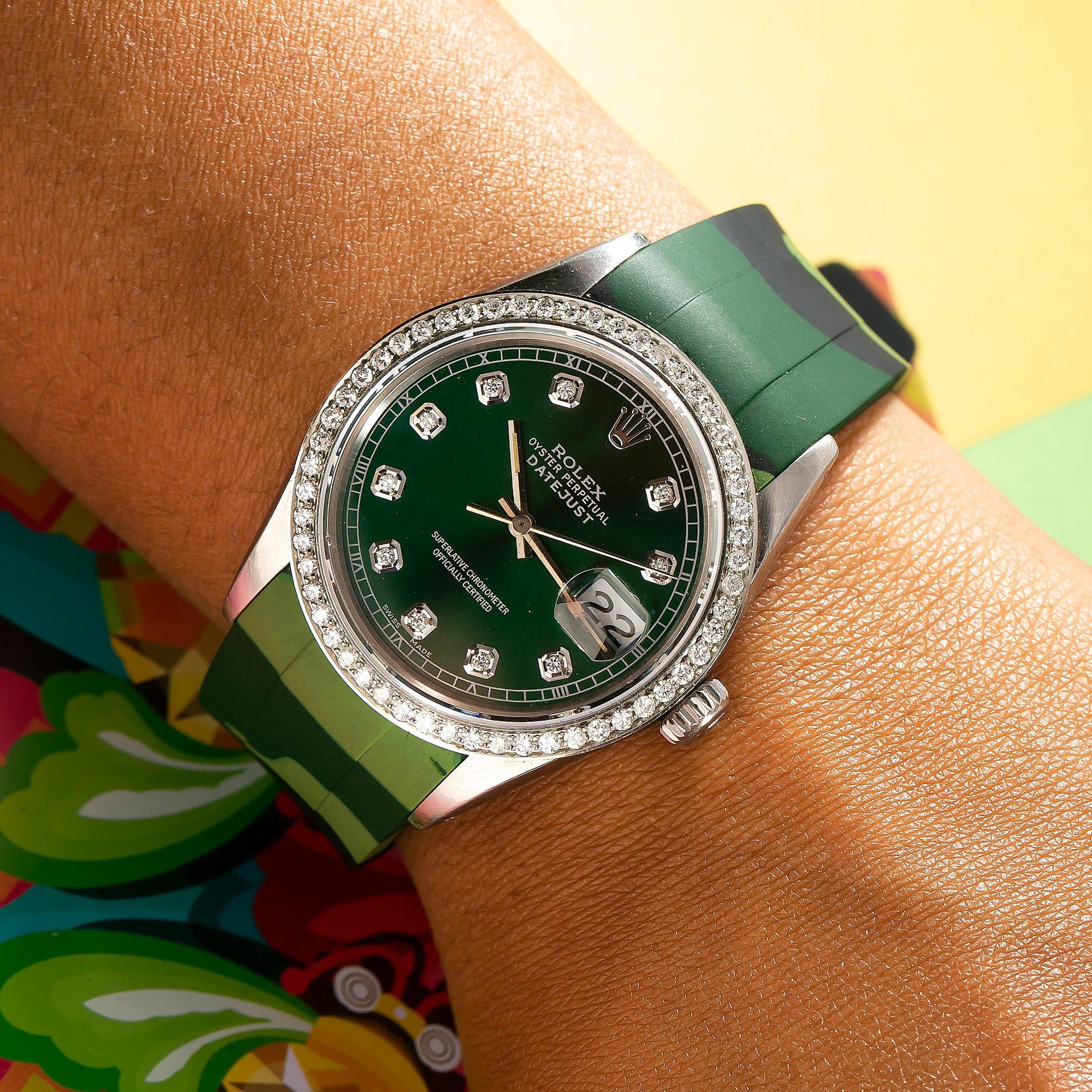 Rolex Datejust 36MM 16014 Green Diamond Dial Diamond Bezel Green Camo Rubber Strap