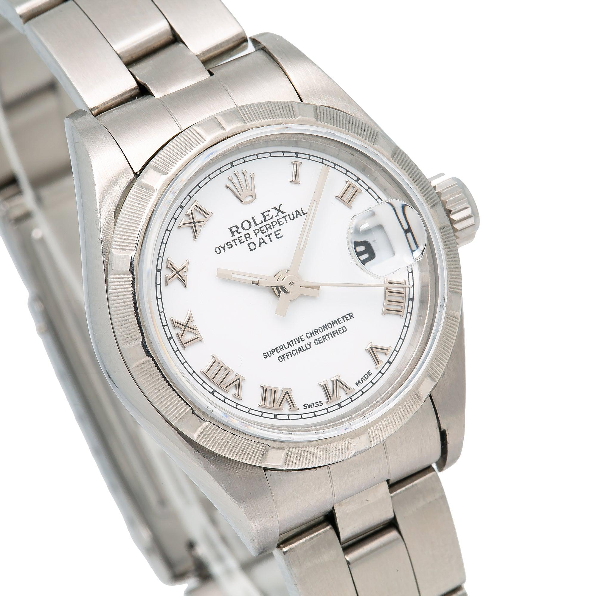 Rolex Date 26MM 79160 White Roman Dial Engine Turned Bezel Stainless Steel Oyster Bracelet