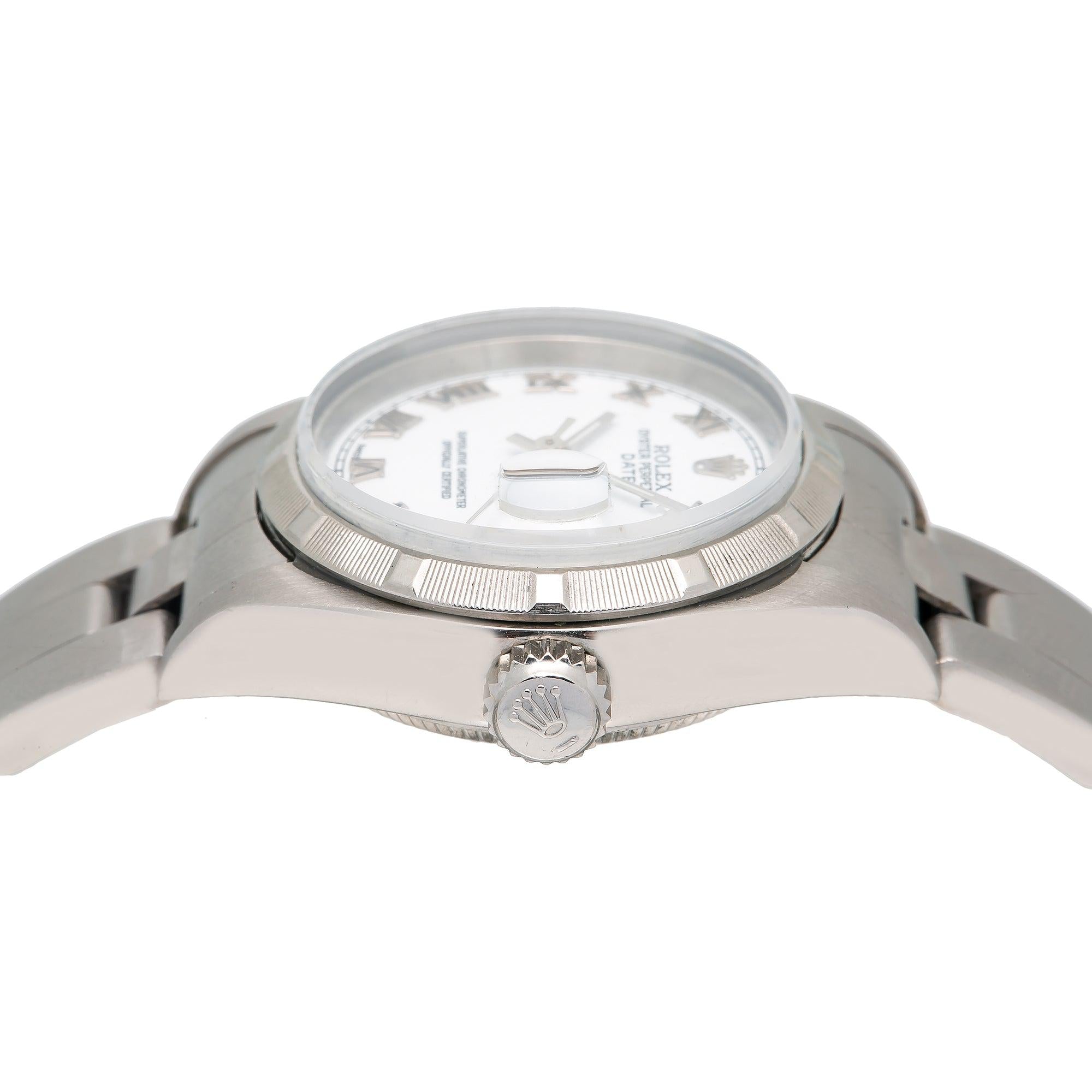 Rolex Date 26MM 79160 White Roman Dial Engine Turned Bezel Stainless Steel Oyster Bracelet