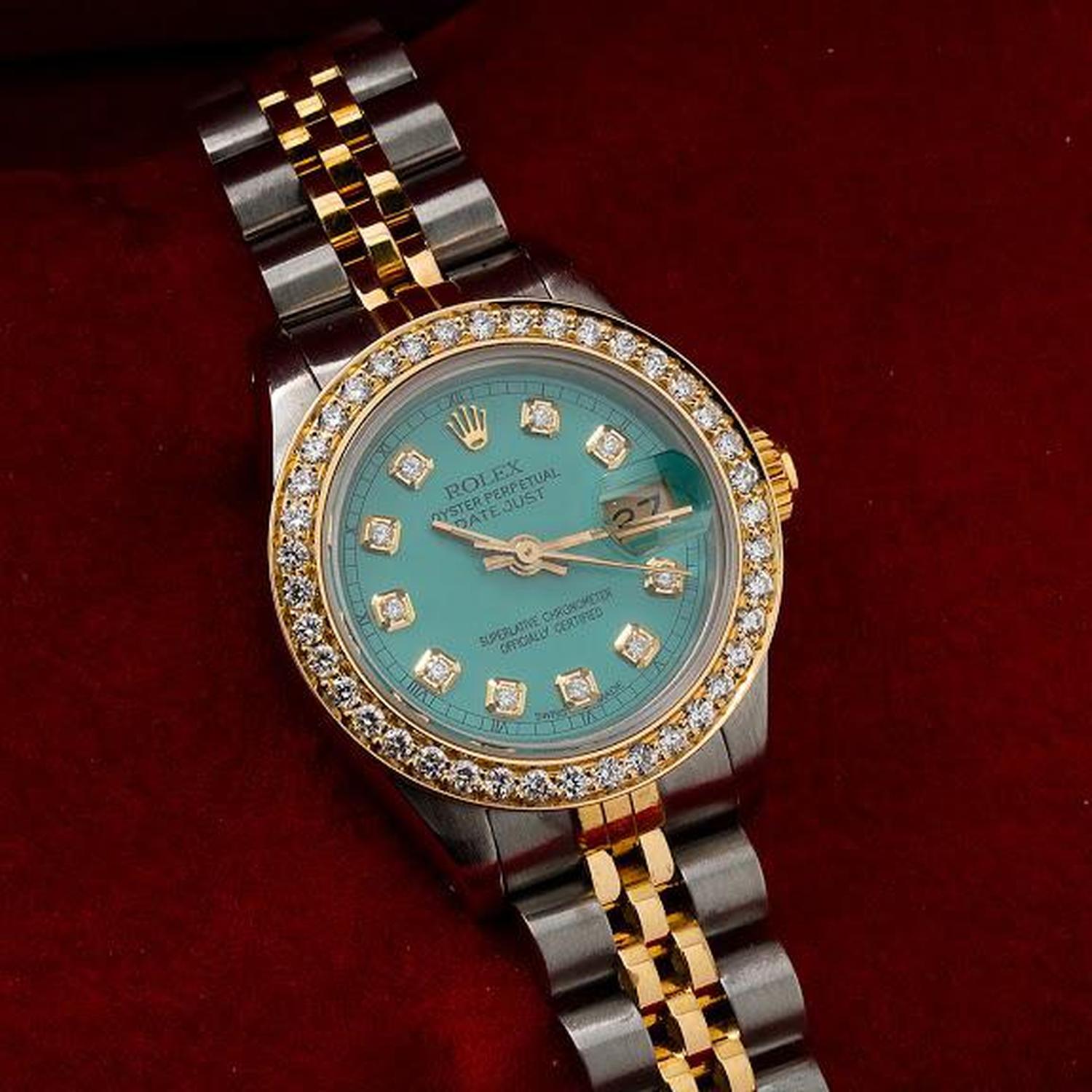 Rolex Datejust 26MM 69173 Turquoise Diamond Dial Diamond Bezel Two Tone Yellow Gold Jubilee Bracelet 0.9ct