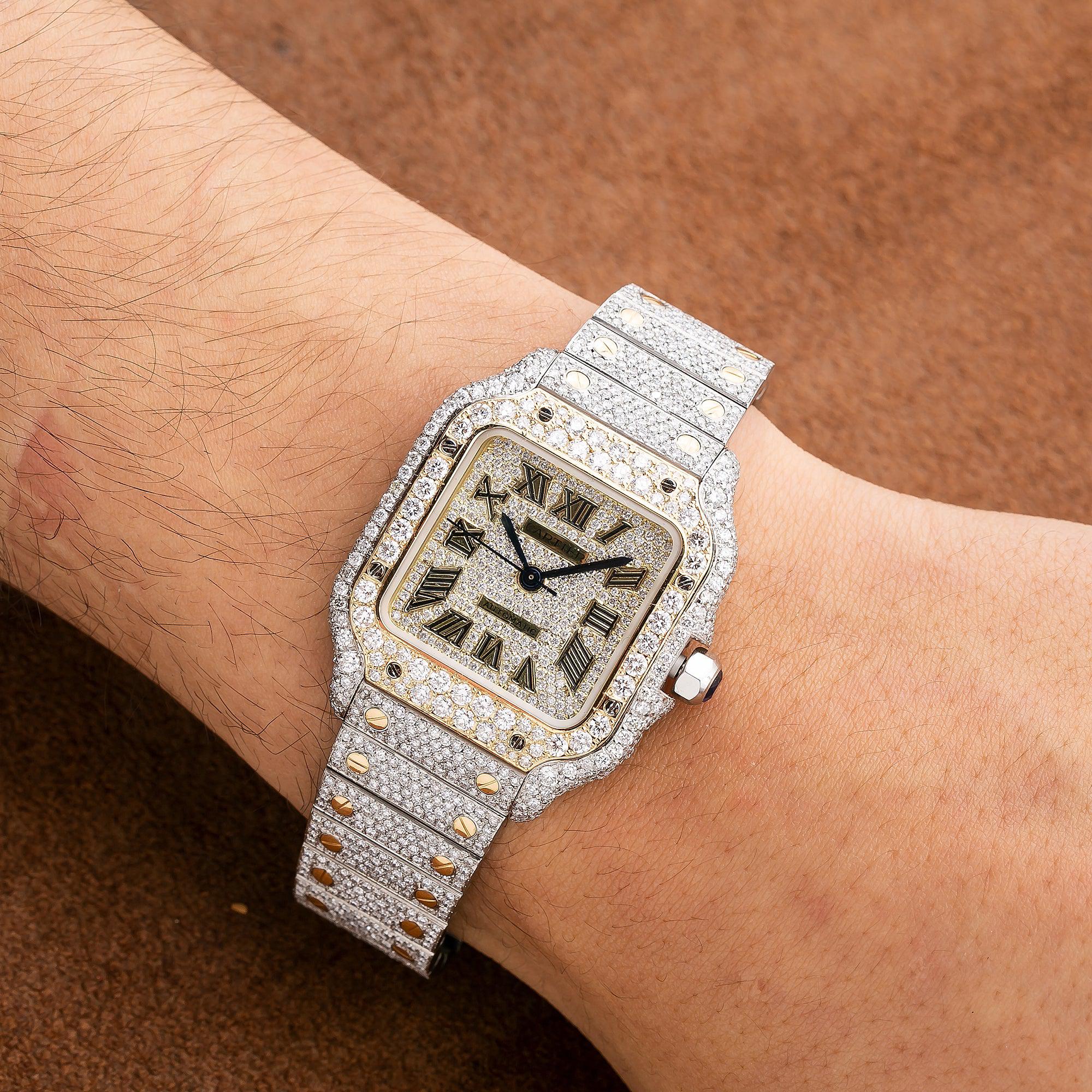 Cartier Santos 35.1MM W2SA0016 Diamond Paved Champagne Roman Dial Yellow Gold Diamond Bezel Two Tone Yellow Gold Full Diamond Bracelet