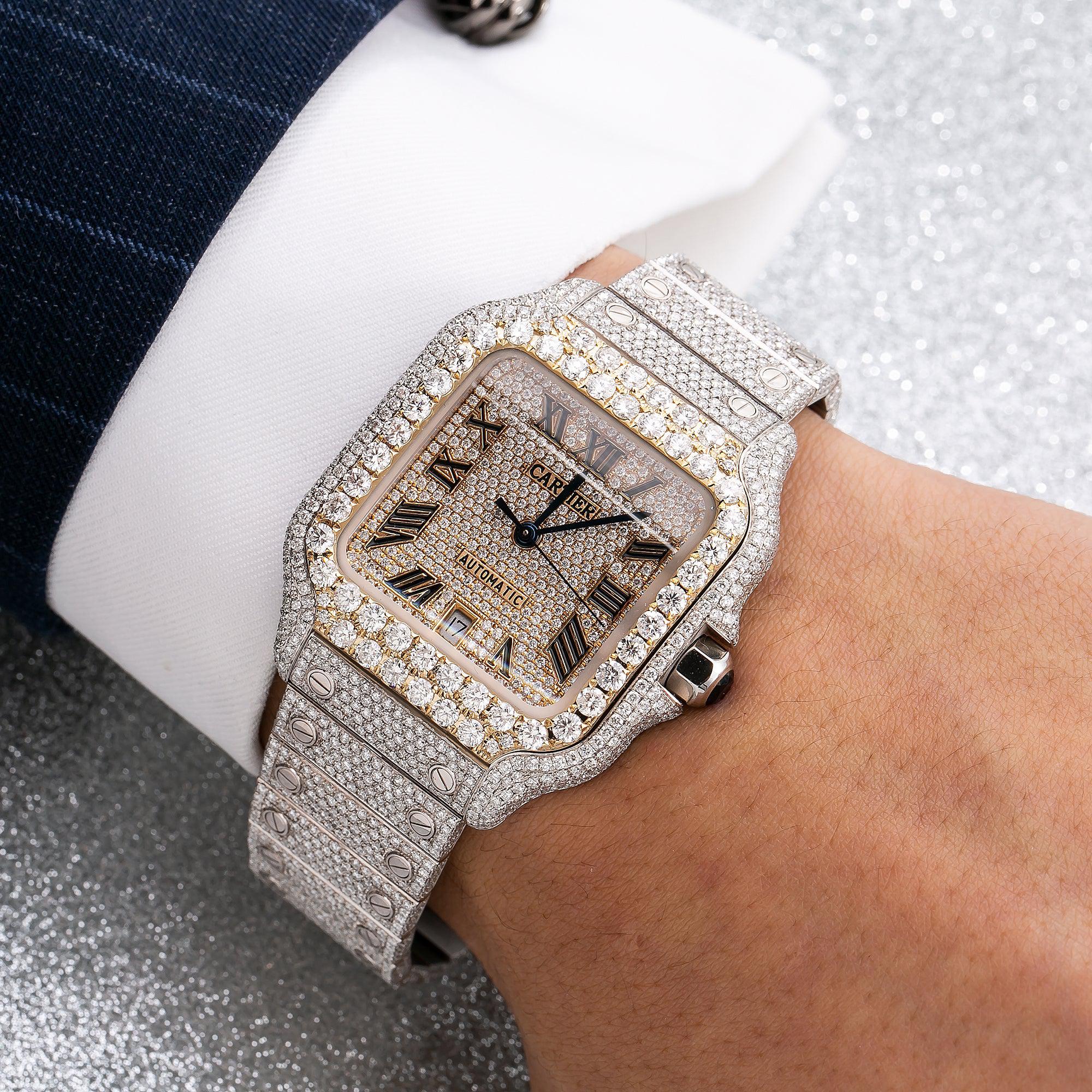 Cartier Santos 39.8MM WSSA0018 Diamond Paved Champagne Roman Dial Yellow Gold Diamond Bezel Stainless Steel Full Diamond Bracelet 19.25ct