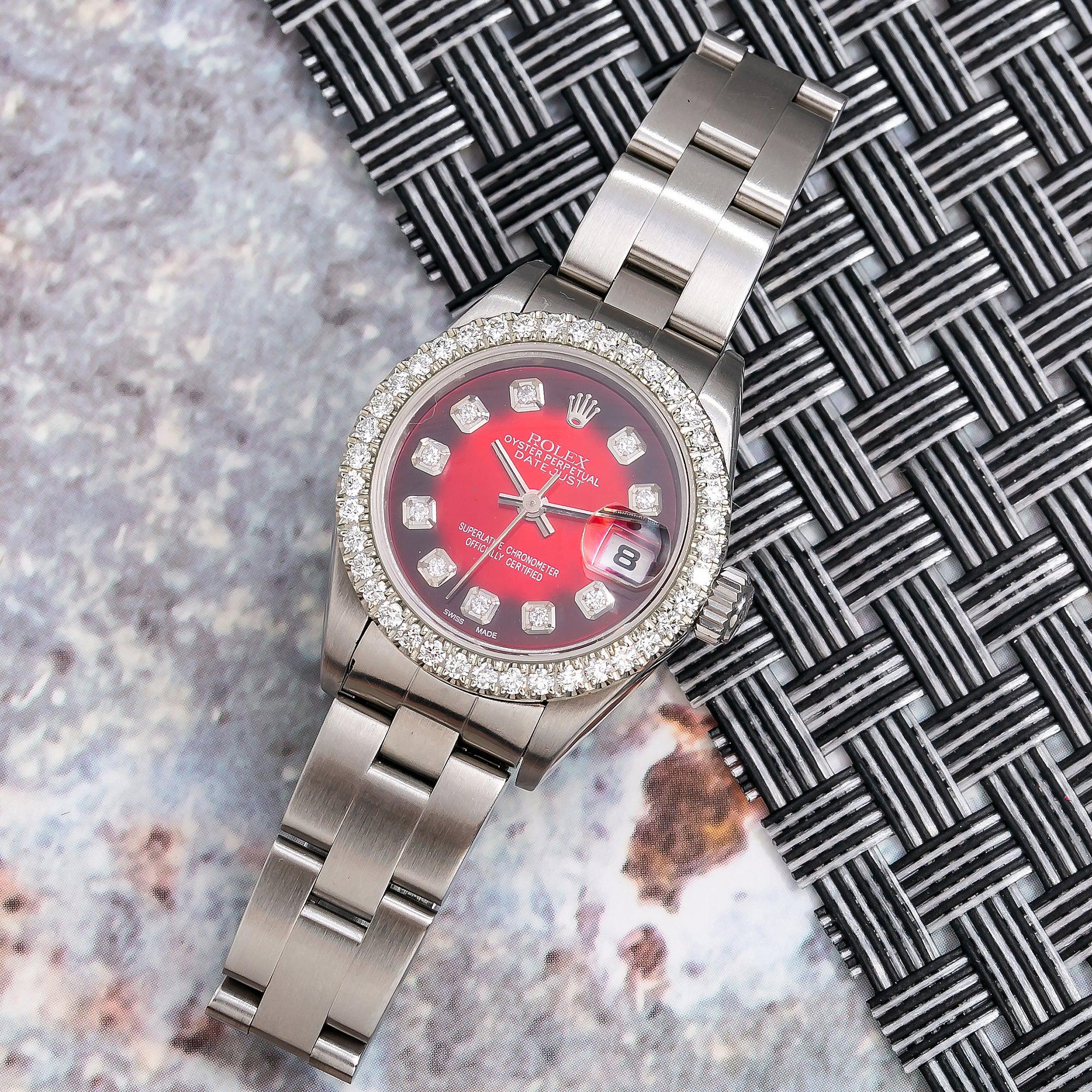 Rolex Datejust 26MM 79190 Red Diamond Dial Diamond Bezel Stainless Steel Oyster Bracelet