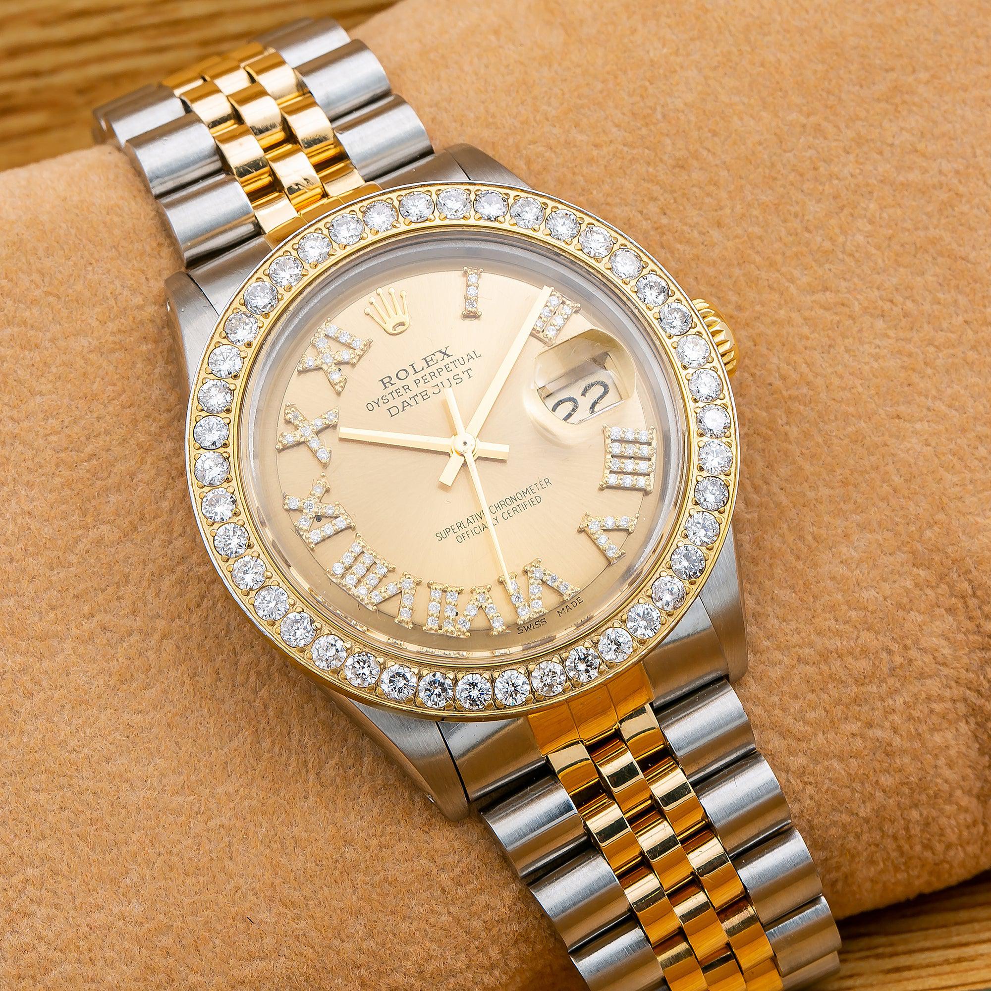 Rolex Datejust 36MM 1601 Champagne Roman Diamond Dial Diamond Bezel Two Tone Yellow Gold Jubilee Bracelet