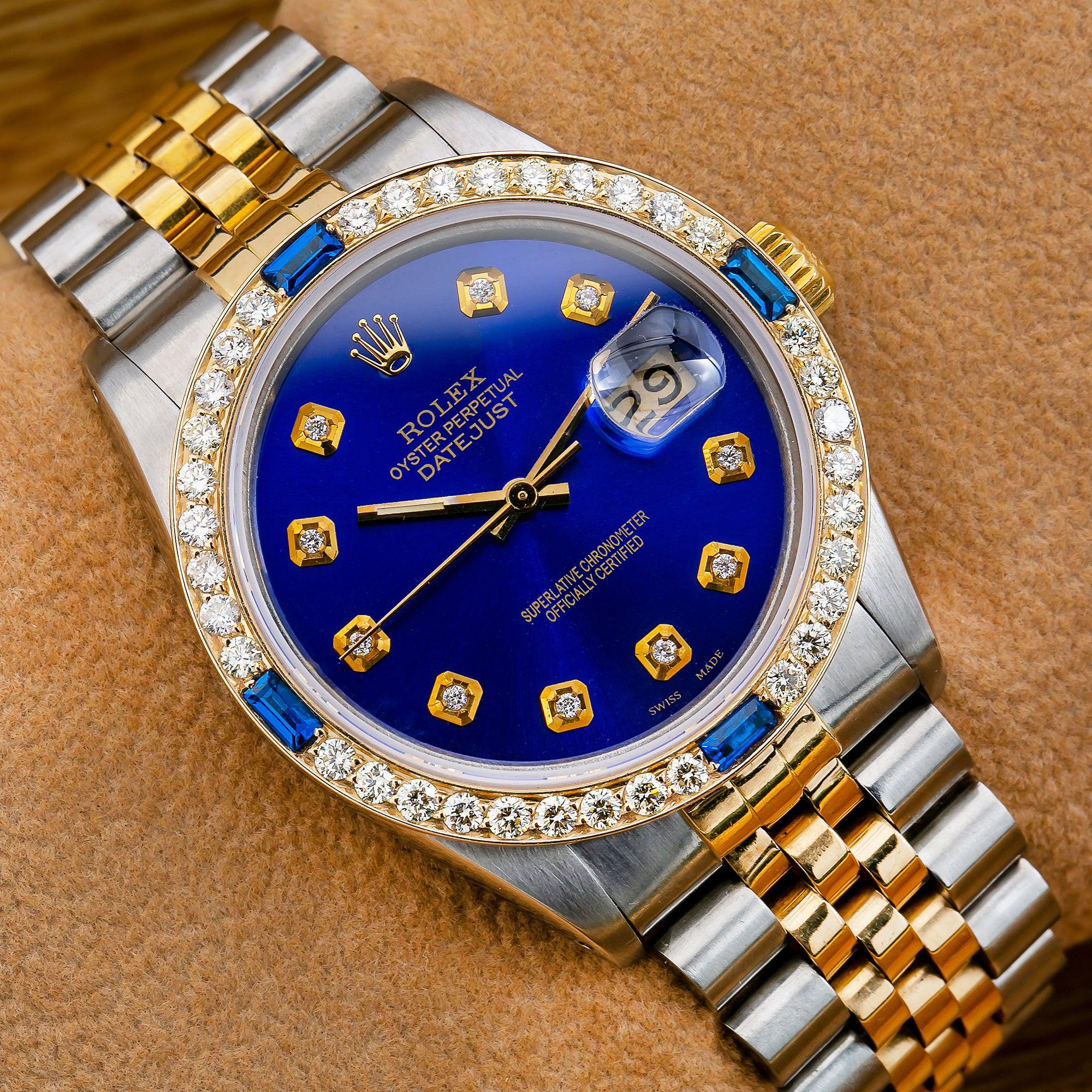 Rolex Datejust 36MM 16013 Blue Diamond Dial Diamond Bezel Two Tone Yellow Gold Jubilee Bracelet 2ct