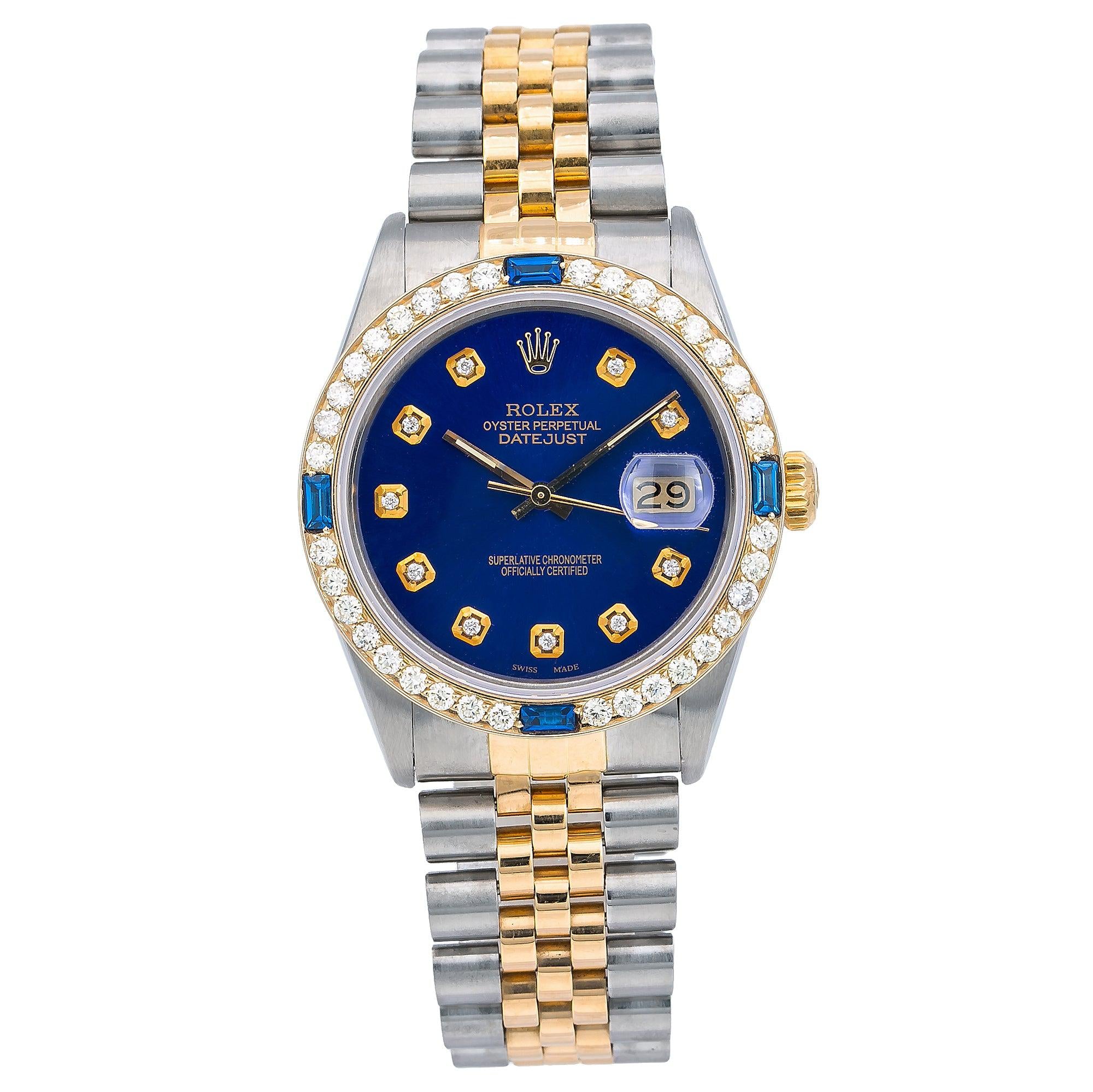 Rolex Datejust 36MM 16013 Blue Diamond Dial Diamond Bezel Two Tone Jubilee Bracelet 2ct