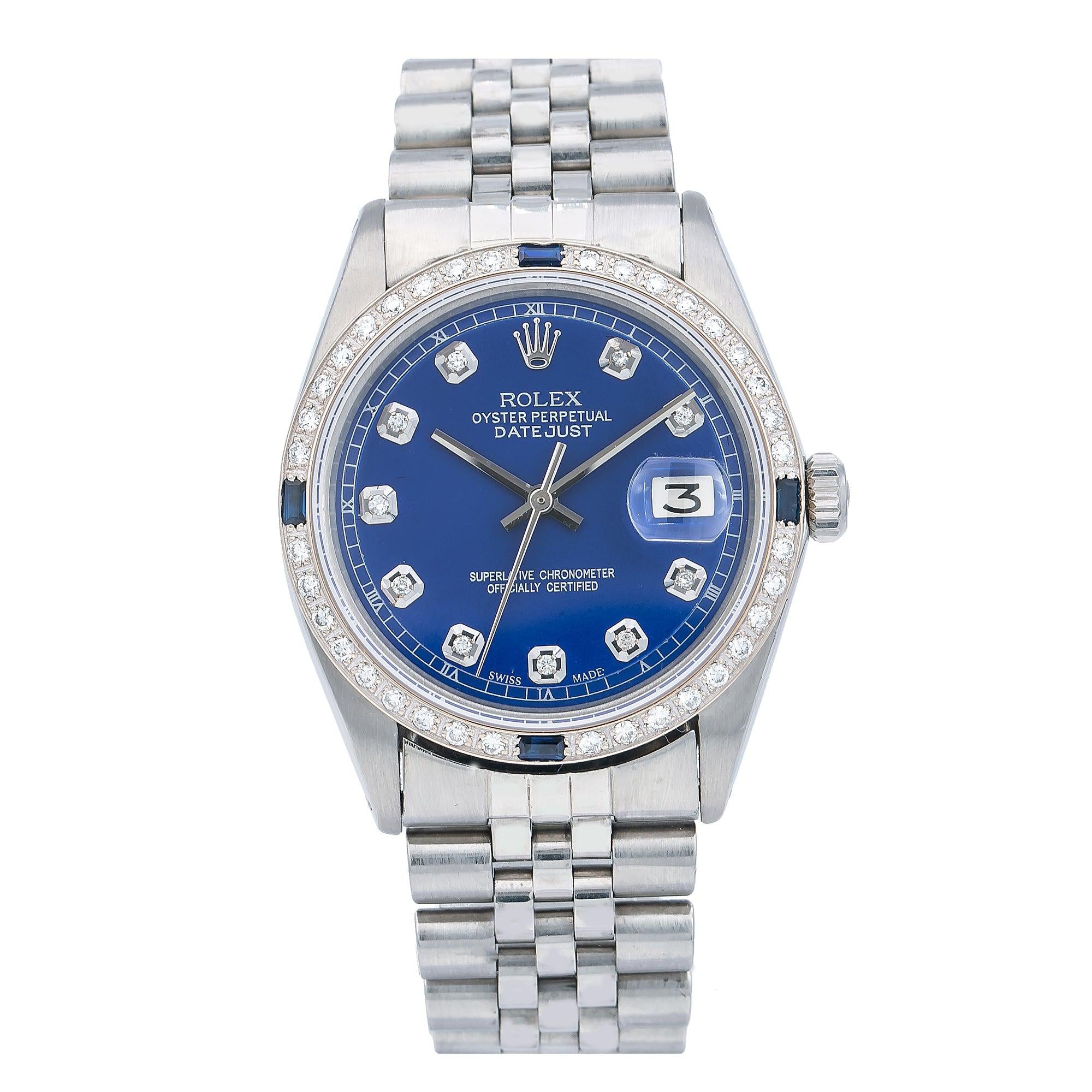Rolex Datejust 36MM 1601 Blue Diamond Dial Diamond Bezel Stainless Steel Jubilee Bracelet 1.25ct