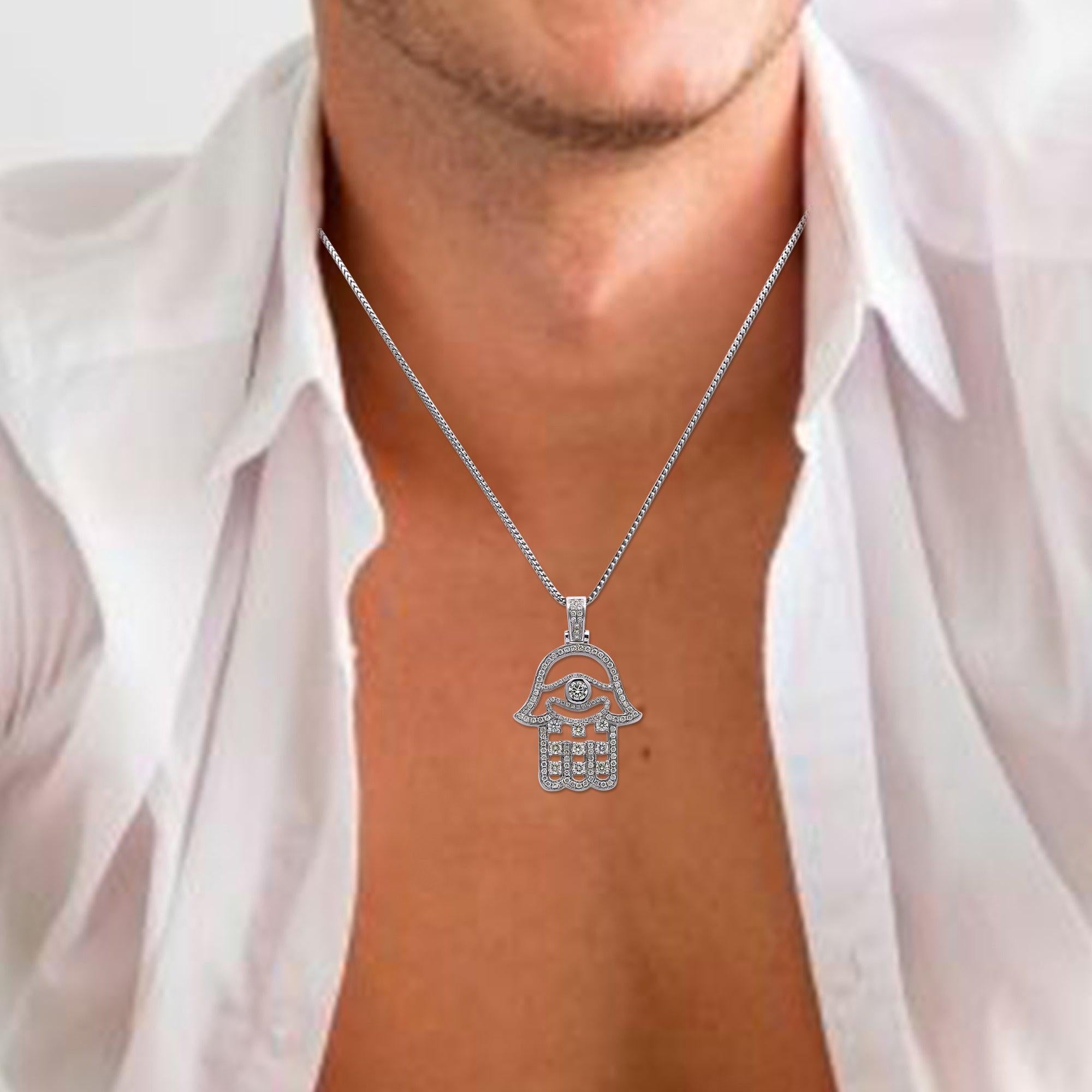 Men's 14K White Gold Hamsa Pendant with 2.02 CT Diamonds