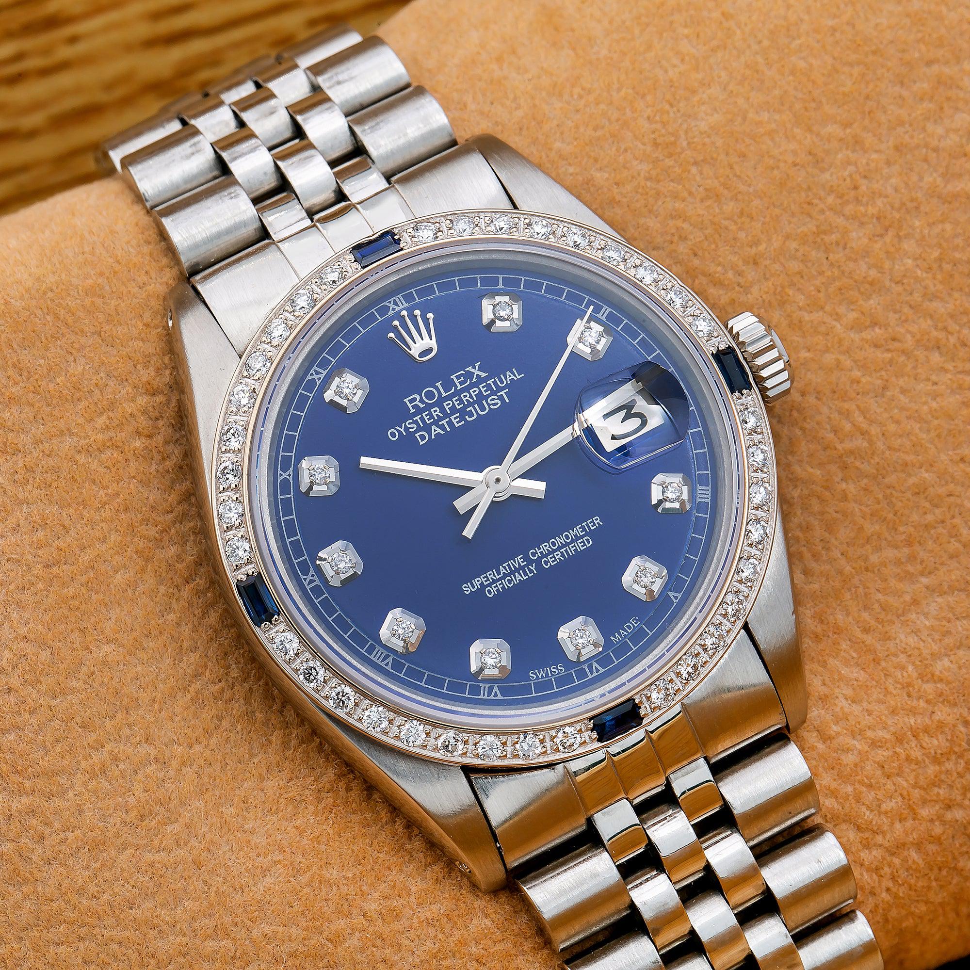 Rolex Datejust 36MM 1601 Blue Diamond Dial Diamond Bezel Stainless Steel Jubilee Bracelet 1.25ct