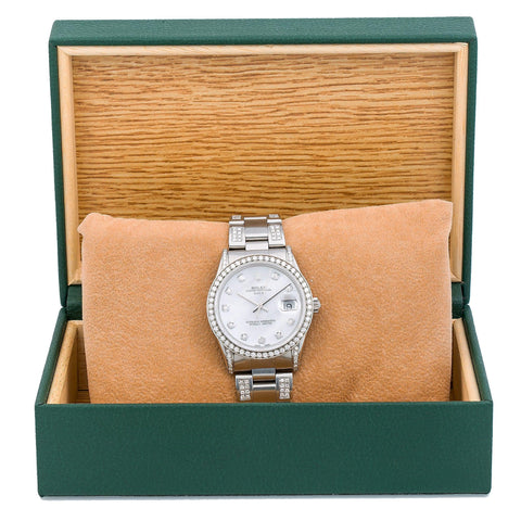 Rolex Oyster Perpetual Date 15000 34MM White Mother of Pearl Diamond Dial With 2.25 CT Diamonds