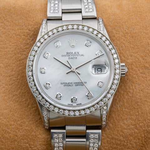 Rolex Oyster Perpetual Date 15000 34MM White Mother of Pearl Diamond Dial With 2.25 CT Diamonds