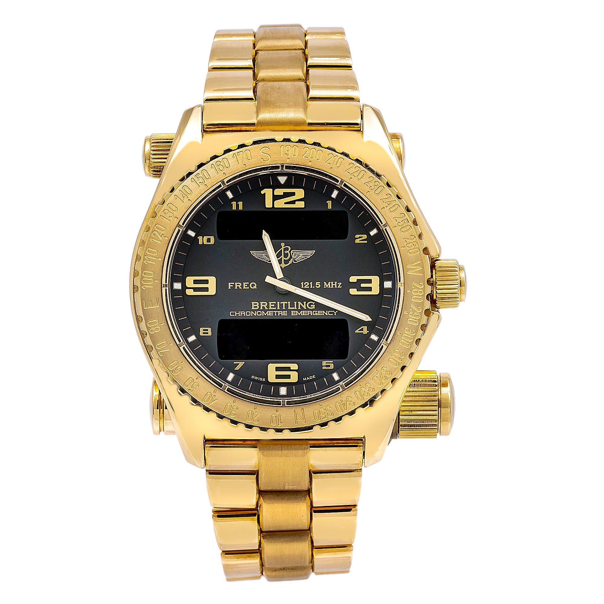 Breitling Emergency Superquartz 43MM K76321 Black Arabic Dial Yellow Gold Bezel 18K Yellow Gold Bracelet