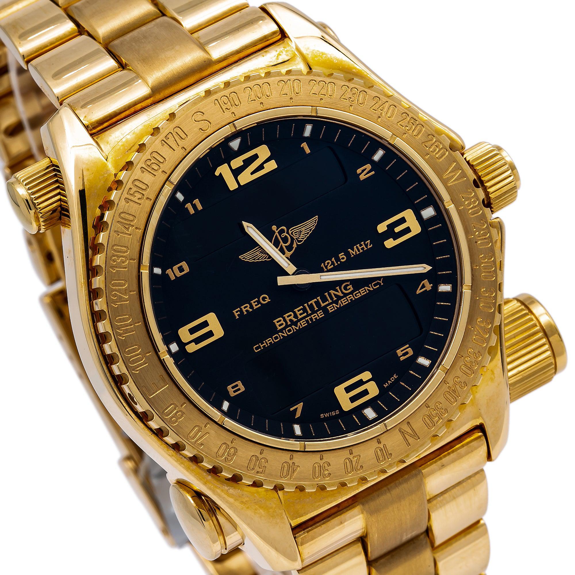 Breitling Emergency Superquartz 43MM K76321 Black Arabic Dial Yellow Gold Bezel 18K Yellow Gold Bracelet