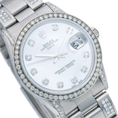 Rolex Oyster Perpetual Date 15000 34MM White Mother of Pearl Diamond Dial With 2.25 CT Diamonds