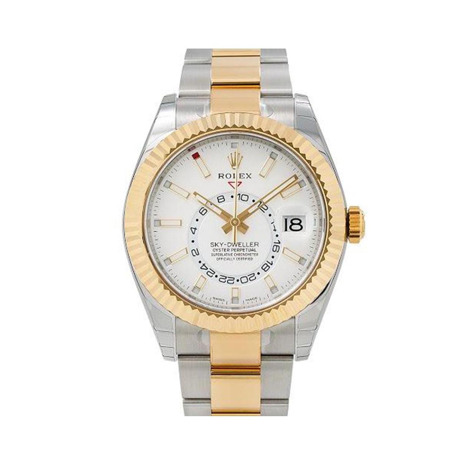 Rolex Sky-Dweller 42MM 326933 White Dial Yellow Gold Fluted Bezel Two Tone Oyster Bracelet