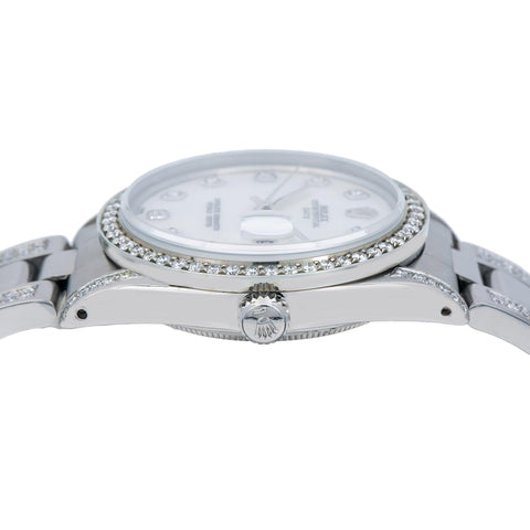 Rolex Oyster Perpetual Date 15000 34MM White Mother of Pearl Diamond Dial With 2.25 CT Diamonds