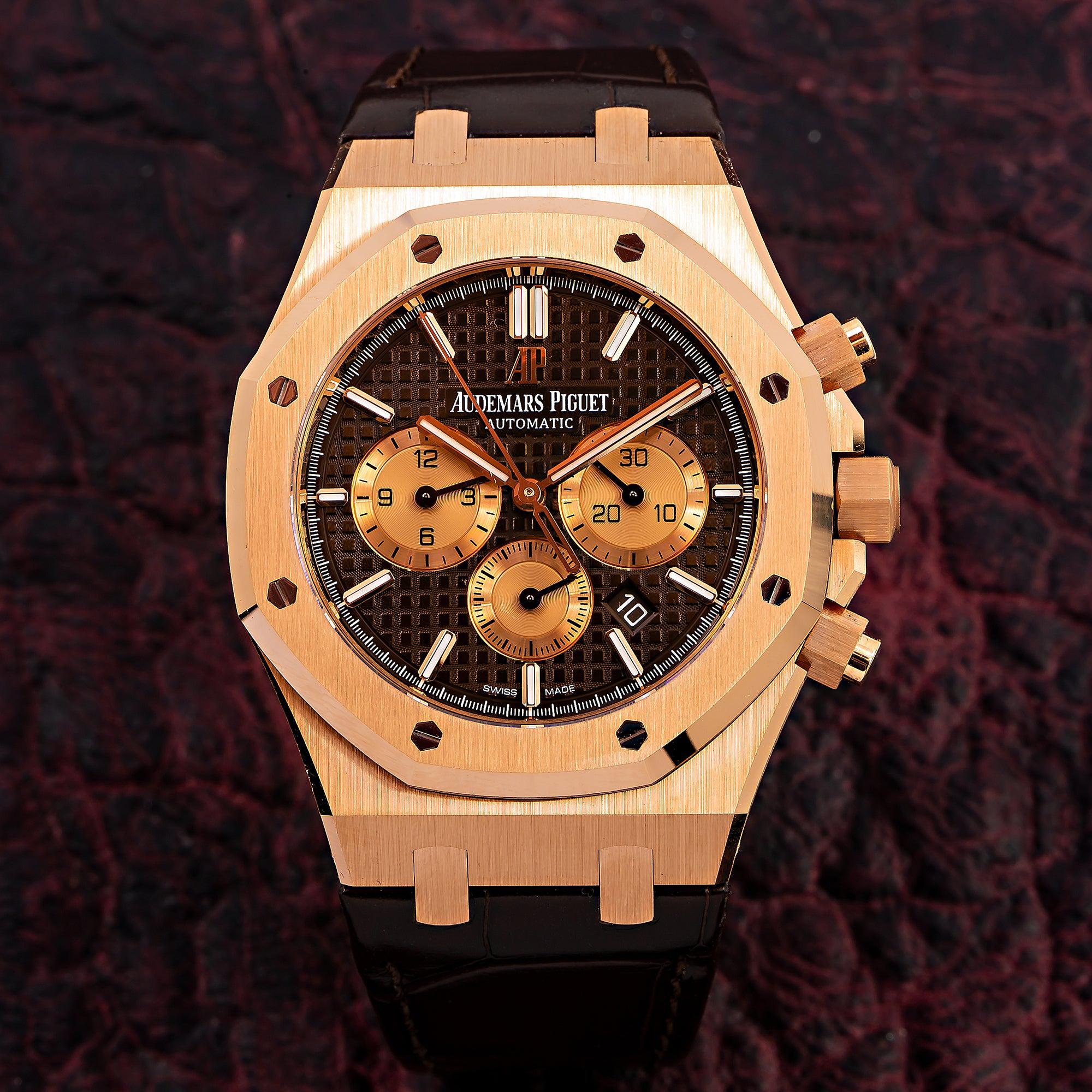 Audemars Piguet Royal Oak Chronograph 41MM 26331OR.OO.D821CR.01 Black Dial Rose Gold Bezel Brown Alligator Leather Strap