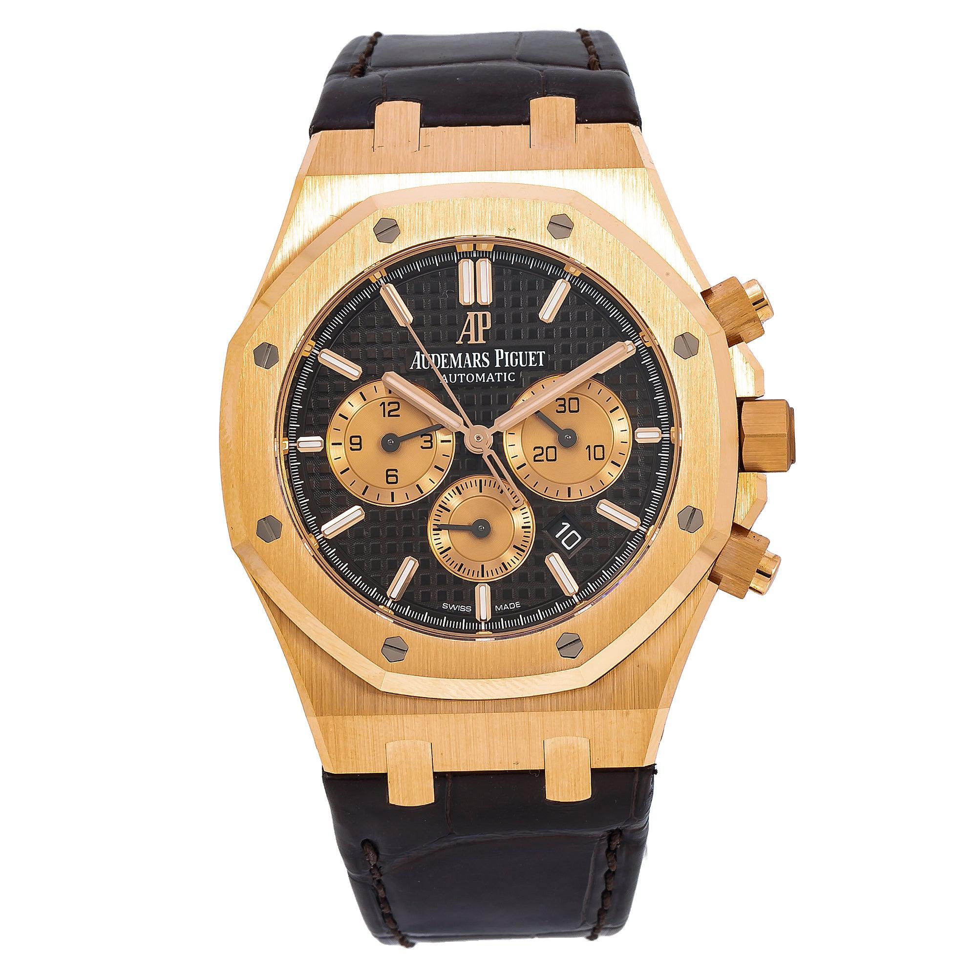 Audemars Piguet Royal Oak Chronograph 41MM 26331OR.OO.D821CR.01 Black Dial Rose Gold Bezel Brown Alligator Leather Strap