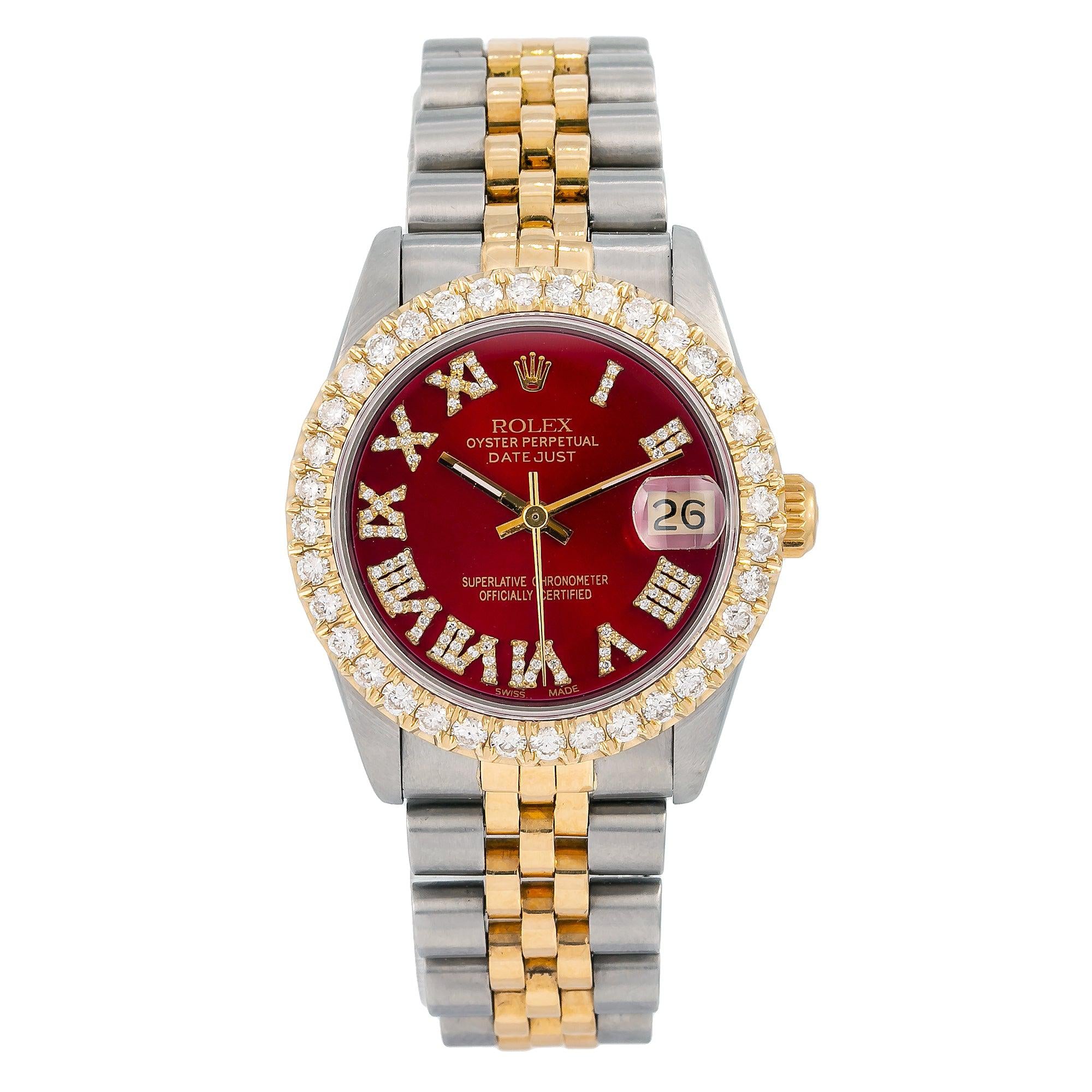 Rolex Datejust 31MM 68273 Red Roman Dial Diamond Bezel Two Tone Jubilee Bracelet