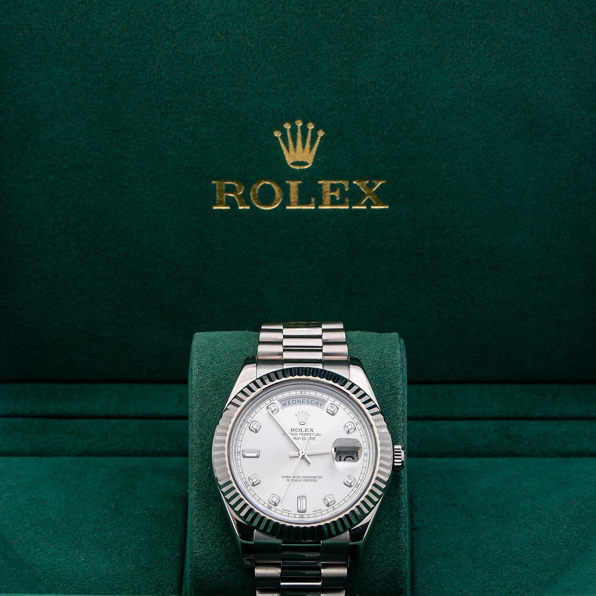 Rolex Day-Date II 41MM 218239 Silver Diamond Dial Fluted Bezel 18K White Gold President Bracelet