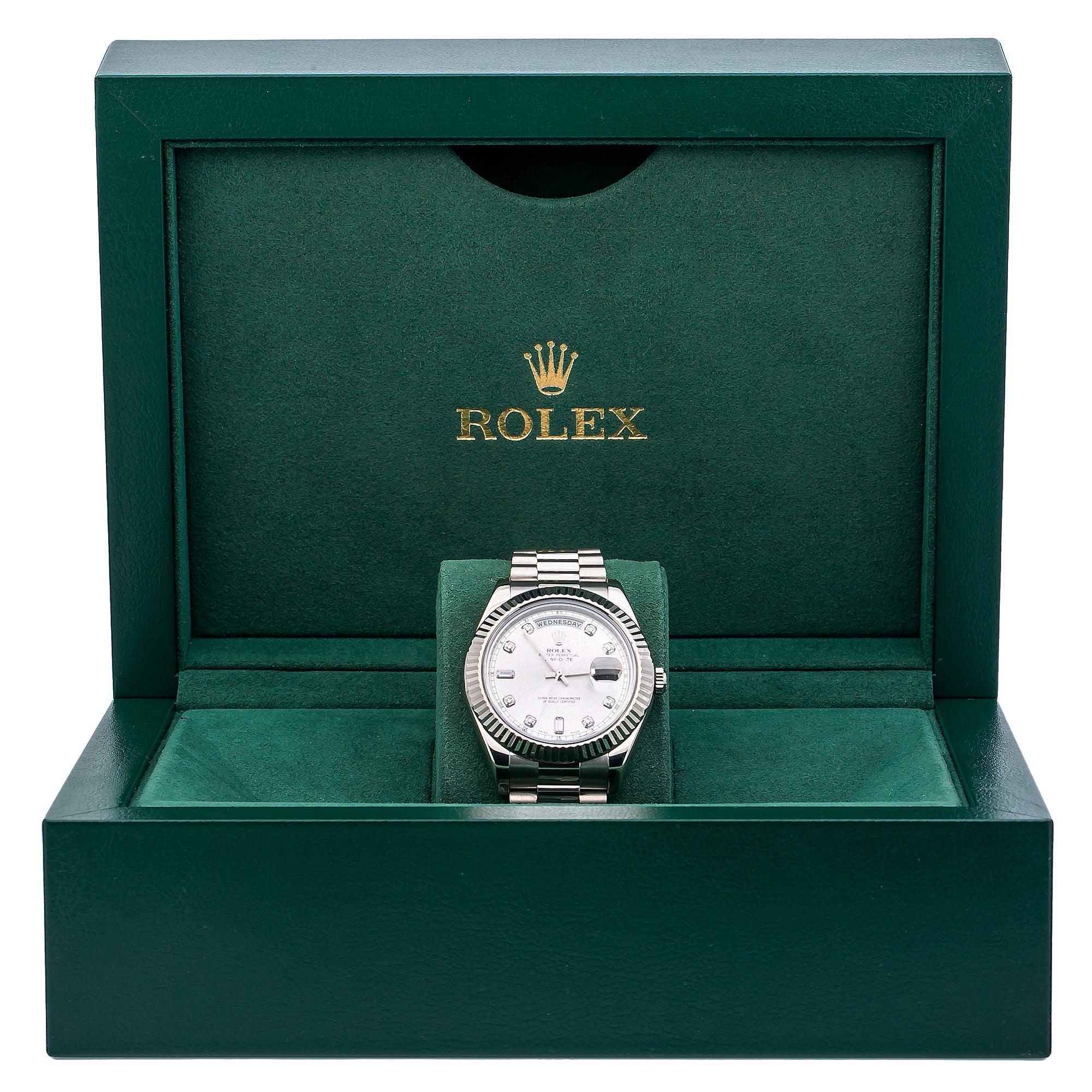 Rolex Day-Date II 41MM 218239 Silver Diamond Dial Fluted Bezel 18K White Gold President Bracelet