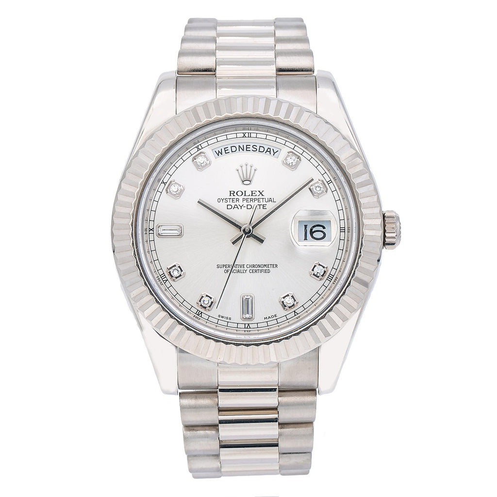 White Gold Rolex Day Date II 218239 41MM Silver Diamond Dial With Stainless Steel President Bracelet