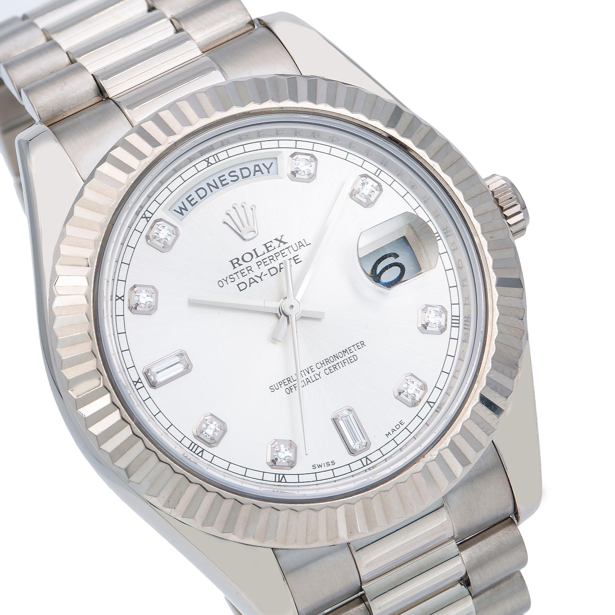 Rolex Day-Date II 41MM 218239 Silver Diamond Dial Fluted Bezel 18K White Gold President Bracelet