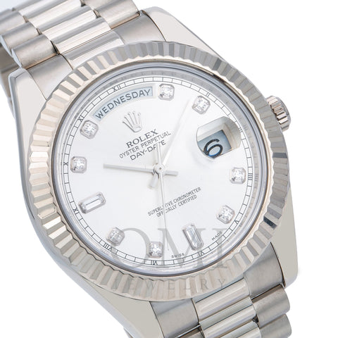 White Gold Rolex Day Date II 218239 41MM Silver Diamond Dial With White Gold President Bracelet