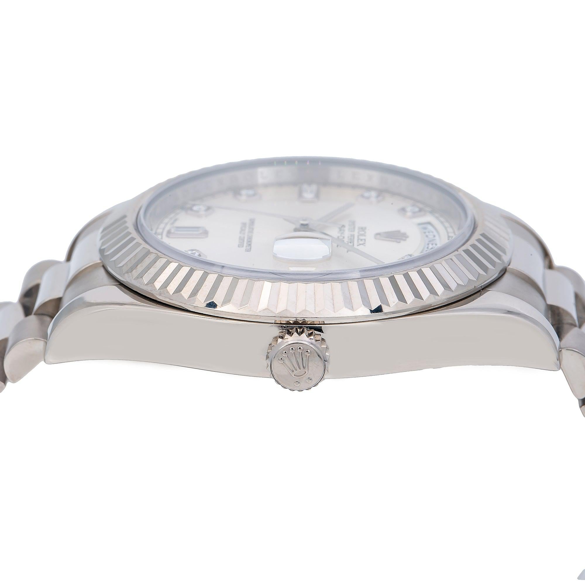 Rolex Day-Date II 41MM 218239 Silver Diamond Dial Fluted Bezel 18K White Gold President Bracelet
