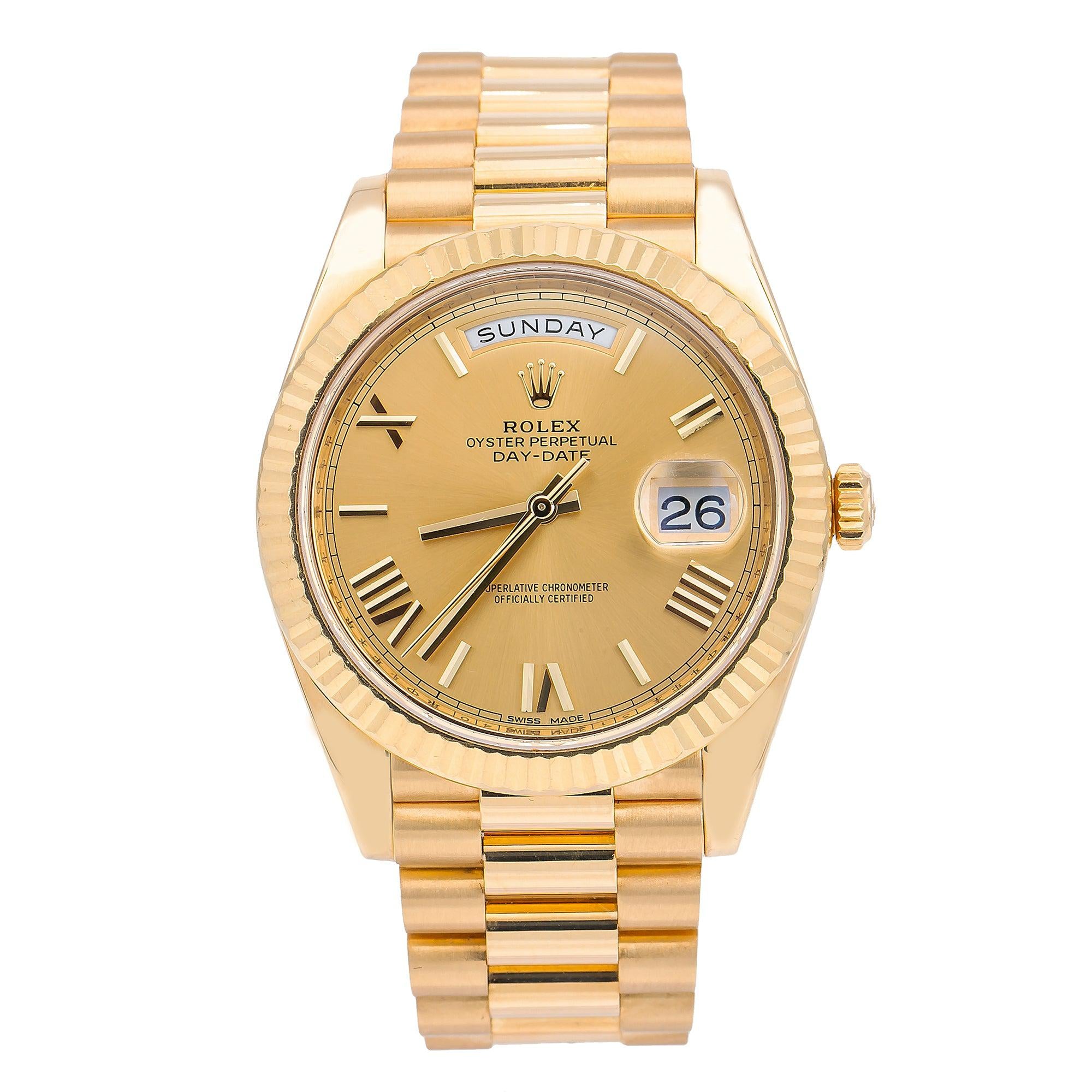 Rolex Day-Date 40MM 228238 Champagne Roman Dial Yellow Gold Fluted Bezel 18K Yellow Gold President Bracelet