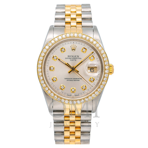 Rolex Oyster Perpetual Date 15203 34MM Silver Diamond Dial With Two Tone Jubilee Bracelet