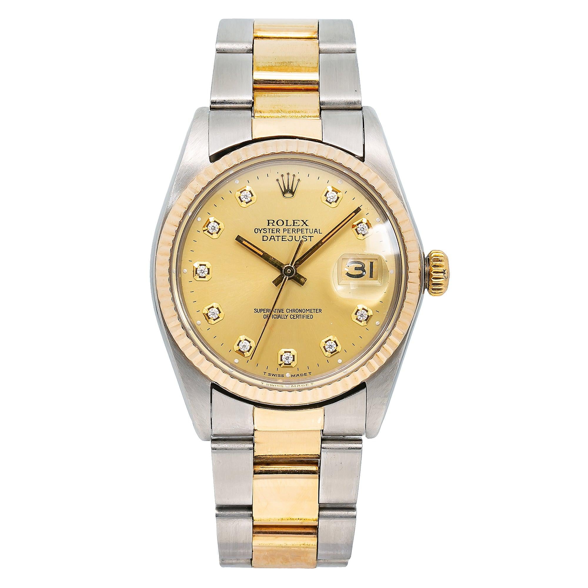 Rolex Datejust 36MM 16013 Champagne Diamond Dial Yellow Gold Fluted Bezel Two Tone Oyster Bracelet