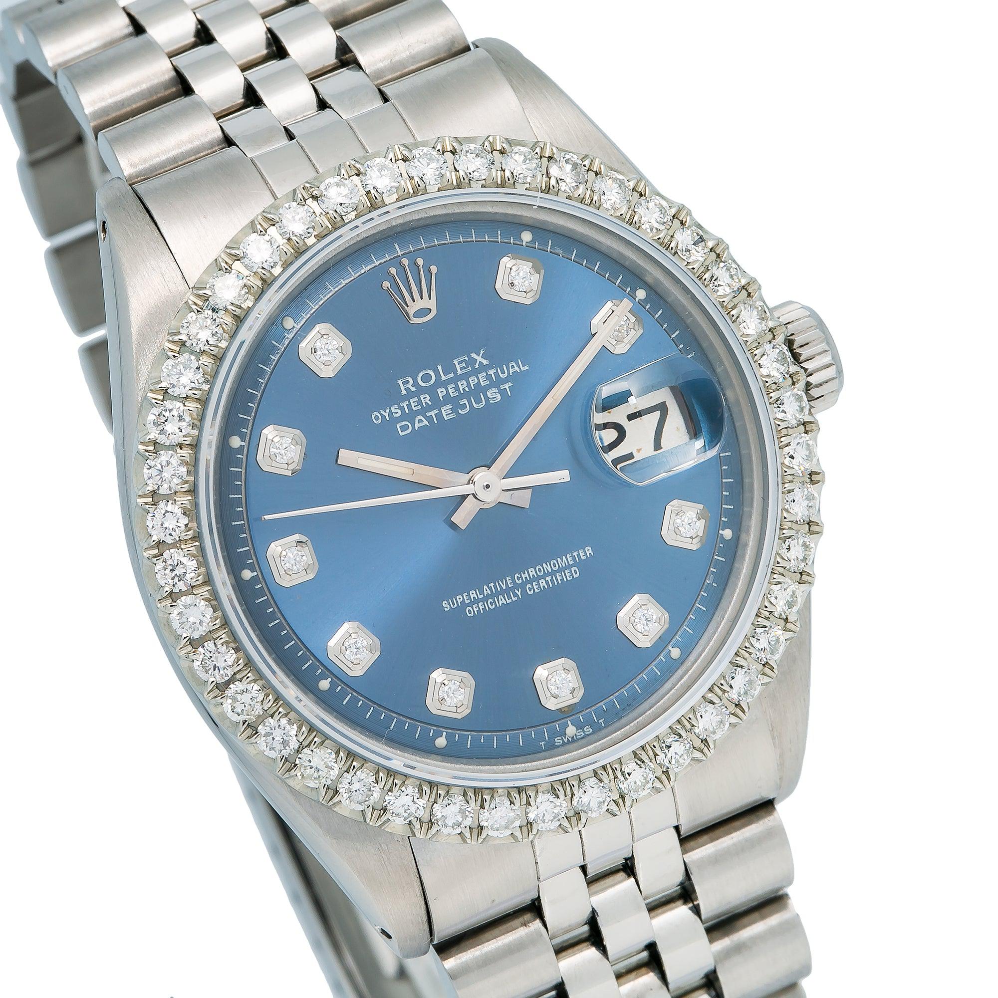 Rolex Datejust 36MM 1601 Blue Diamond Dial Diamond Bezel Stainless Steel Jubilee Bracelet