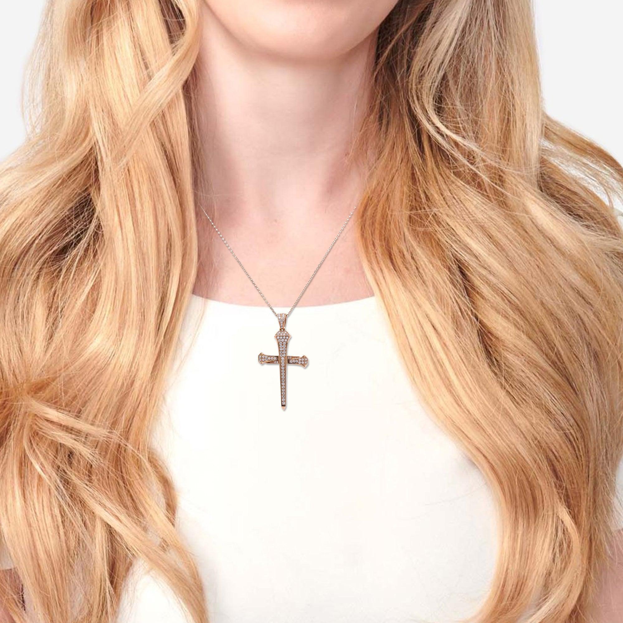 Unisex 14K Rose Gold Cross of Nails Pendant with 0.65 CT Diamonds