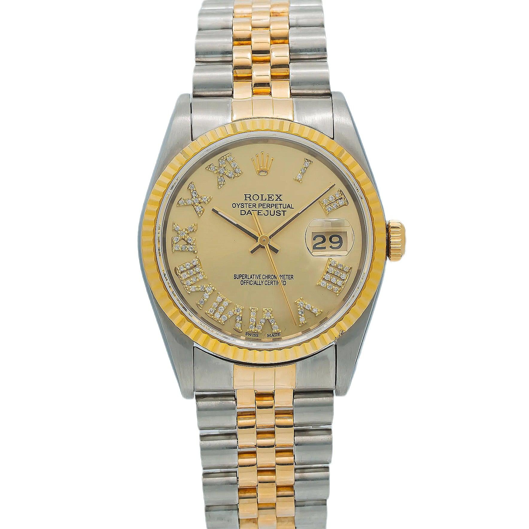 Rolex Datejust 36MM 16013 Champagne Roman Dial Yellow Gold Fluted Bezel Two Tone Jubilee Bracelet