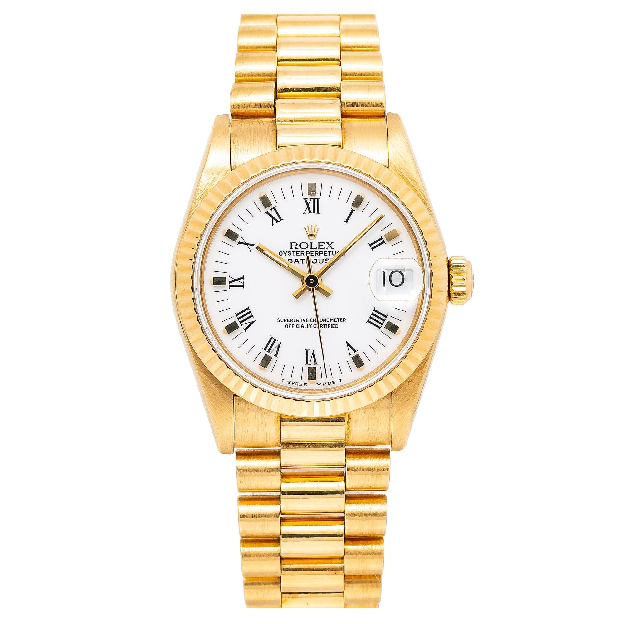Rolex Datejust 31MM 68278 White Roman Dial Yellow Gold Fluted Bezel 18K Yellow Gold President Bracelet