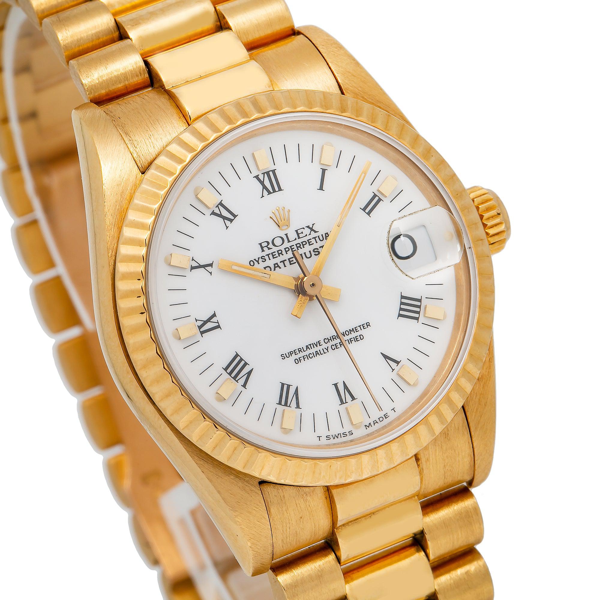 Rolex Datejust 31MM 68278 White Roman Dial Fluted Bezel 18K Yellow Gold President Bracelet